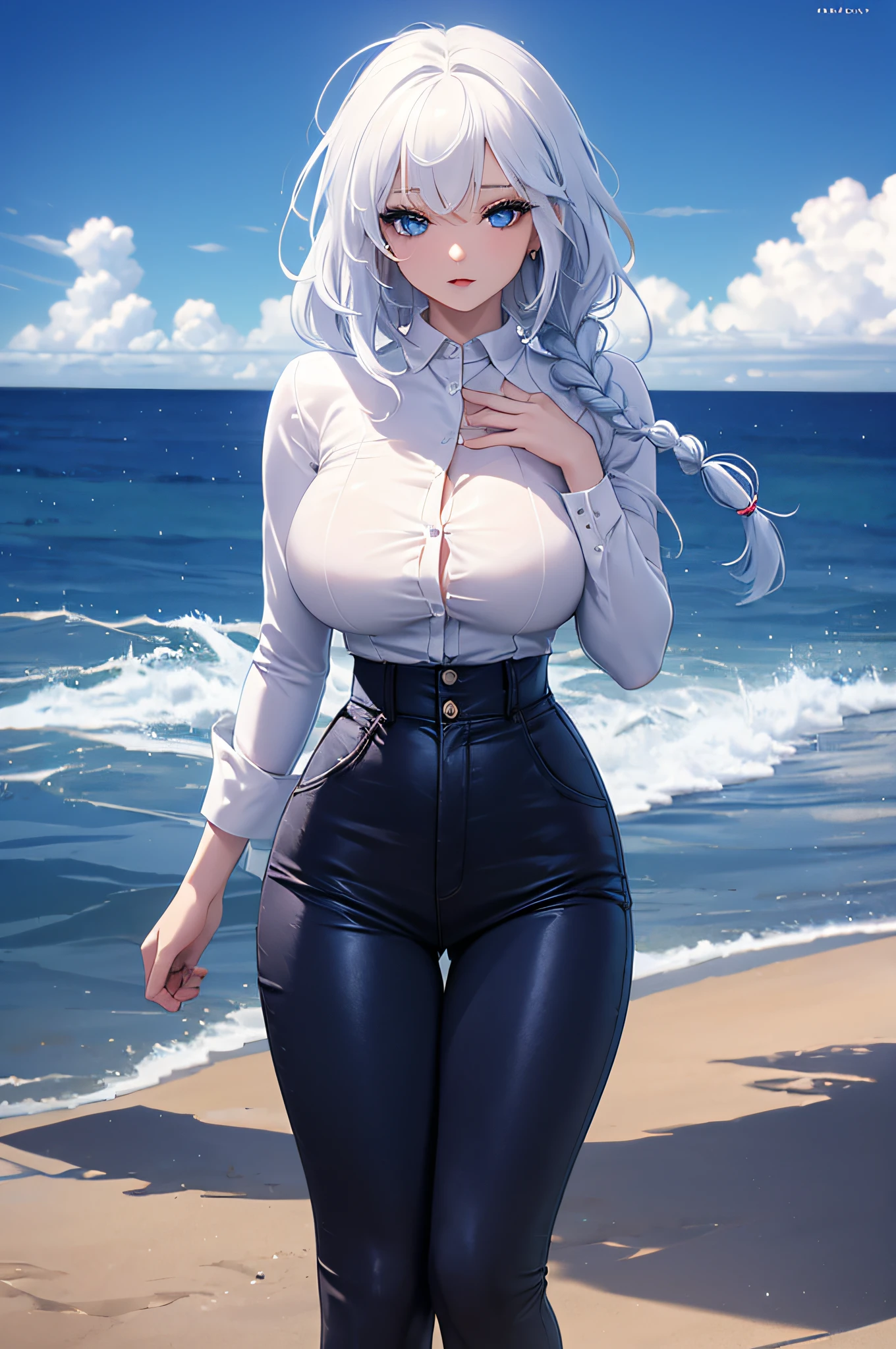 fullnude、1girl in, White hair, blue eyess, a navel, Look at viewers, put hands on the hip, (white shirt:1.2), Braids, Very long hair, Wide waist,
huge-breasted、Full Big\(BodyProportions\),