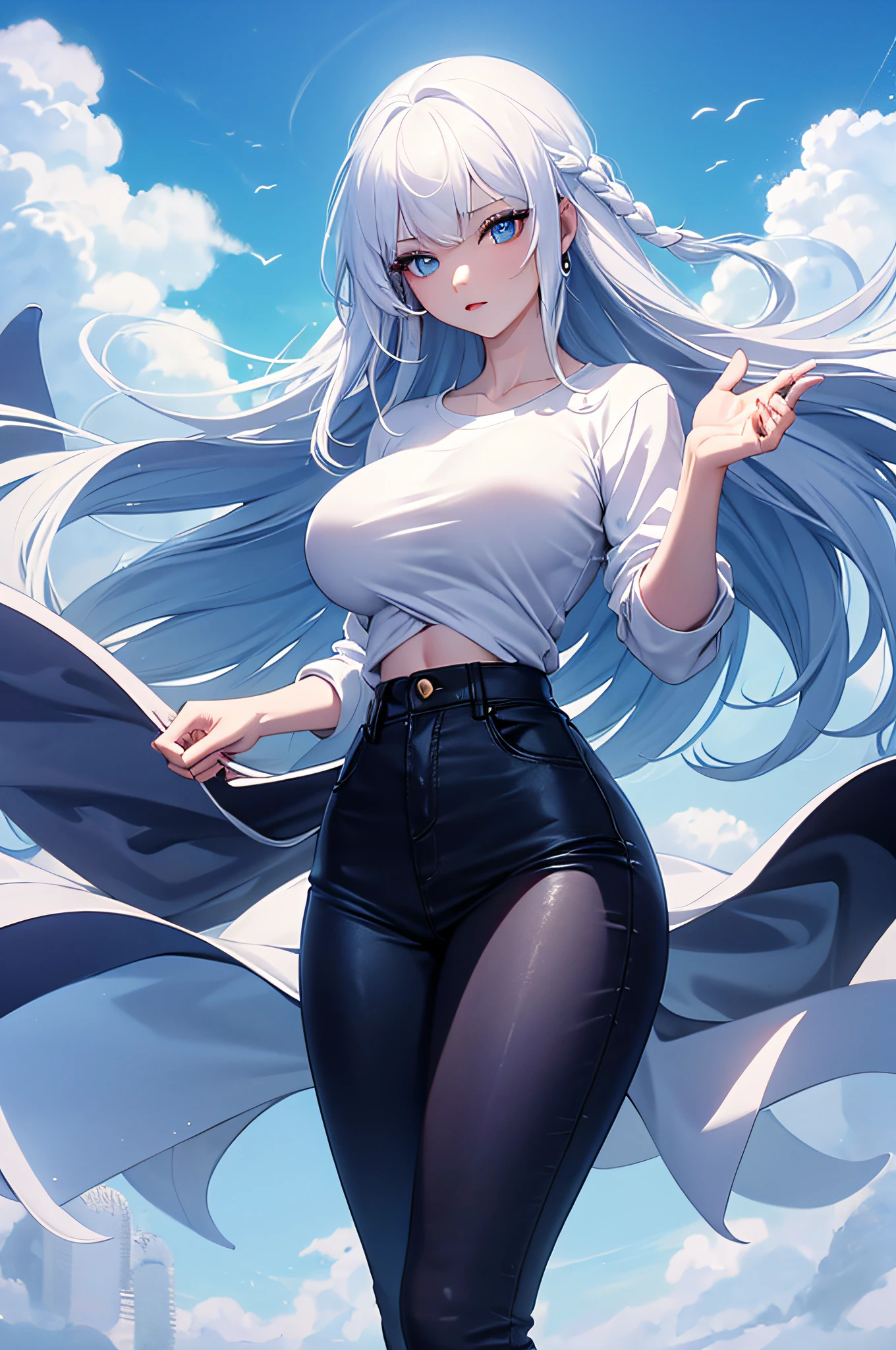 fullnude、1girl in, White hair, blue eyess, a navel, Look at viewers, put hands on the hip,  (white  shirt:1.2), Braids, Very long hair, Wide waist,
huge-breasted、Full Big\(BodyProportions\),