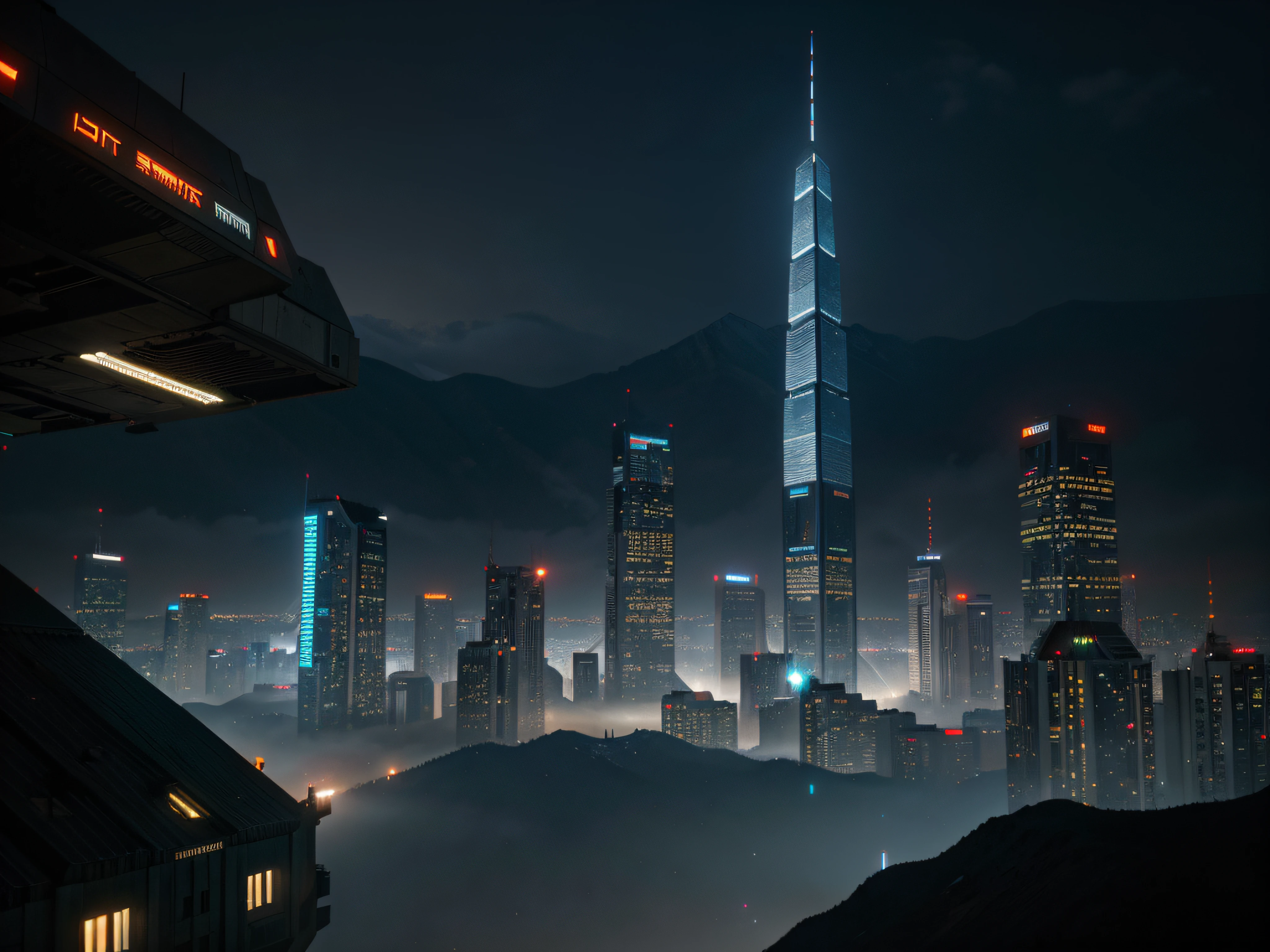 blade runner, mountains, futuristic, cyberpunk, city, scenic, impressive, advanced, buildings, technology, high quality photography, epic,
