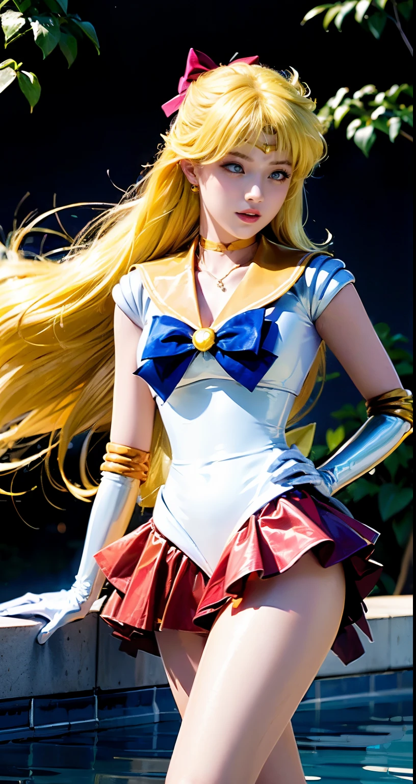 ((masterpiece:1.4)、(top-quality:1.4)、(reallistic:1.7))、masuter piece:1.4、a beauty girl、(Sailor Moon:1.4)、Tsukino Usagi、Body Fit Sexy Sailor Senshi Uniform、(latex shiny)、(The jacket is a white sleeveless sailor suit)、(Skirt is blue sexy ultra ultra mini skirt)、The collar of the sailor suit is blue with two thin lines.、high leg swimsuit、Red cloth ornament at chest、(Wearing white gloves)、Kawaii Girl、Super beauty、foco nítido、Poolside in summer、sunflowers in the background、It's wet、I feel it、A sexy、Beautiful panties、beautiful smiling face、Portrait photos、Upper body photography:1.4、Beautiful expression、beautidful eyes、Narrow waist、(Yellow hair:1.4)、(length hair:1.2)、Raw photo、red-lips、Red high heels:1.4、a choker:1.4、a necklace:1.4、耳Nipple Ring:1.4、Luxurious golden tiara on forehead:1.4、1 screen display、Outdoor landscape