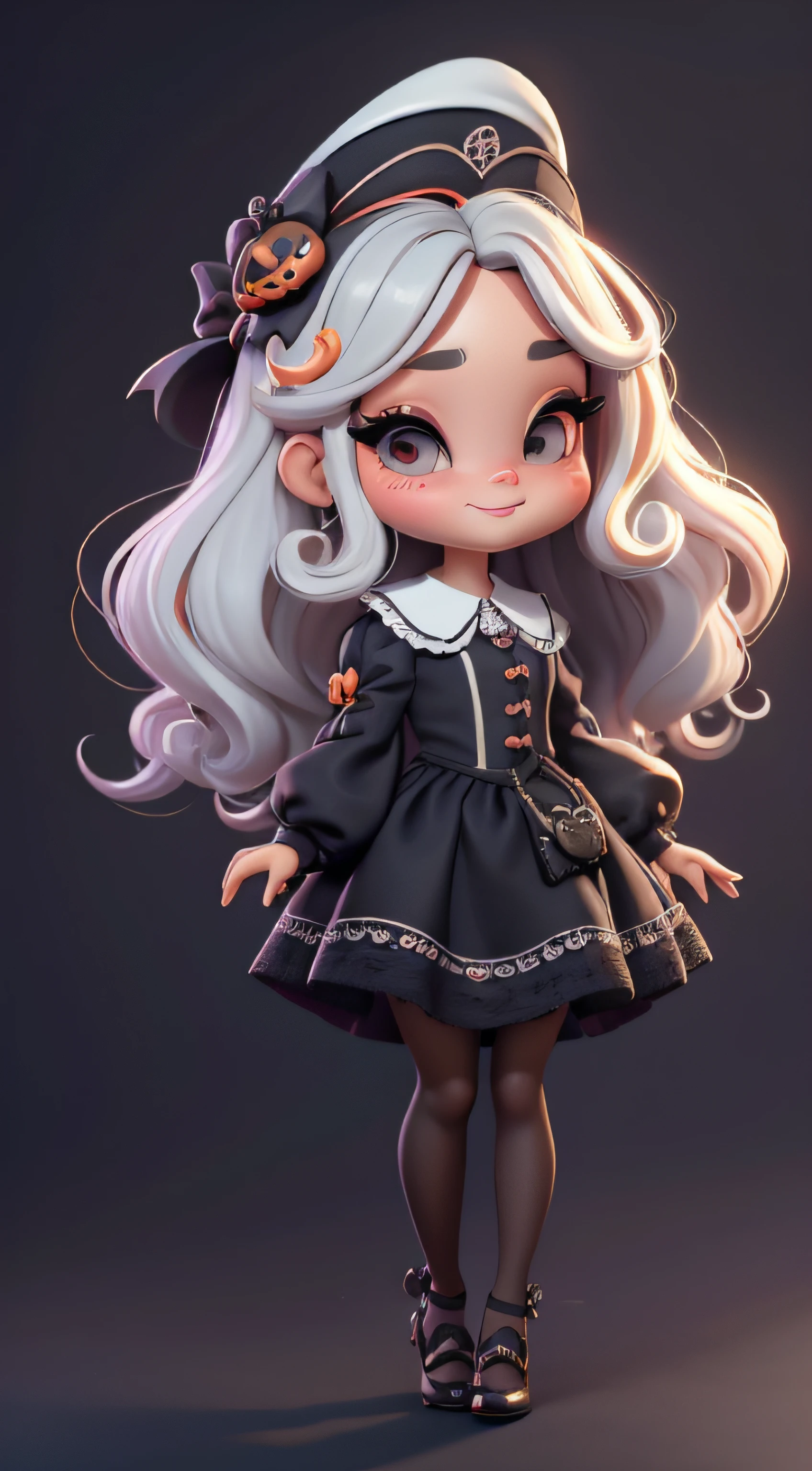 Create a series of cute black chibi style dolls with a cute halloween theme, each with lots of detail and in an 8K resolution. All dolls should follow the same solid background pattern and be complete in the image, mostrando o (corpo inteiro, incluindo as pernas: 1.5)

Boneca Mini halloween: Chame-a de Marina. Ela deve ter cabelo pequeno em tom multicolorido. Seus olhos devem ser grandes e expressivos, with long eyelashes and rosy cheeks. Sorriso delicado e branco. Marina deve estar vestida de vestido, an ornate hat. She must bring halloween accessories. Certifique-se de adicionar detalhes nas roupas, such as buttons and pockets, sapato bonito

Certifique-se de adicionar sombras, texturas e detalhes nos cabelos, roupas, Halloween utensils, to make them even more adorable and charming.