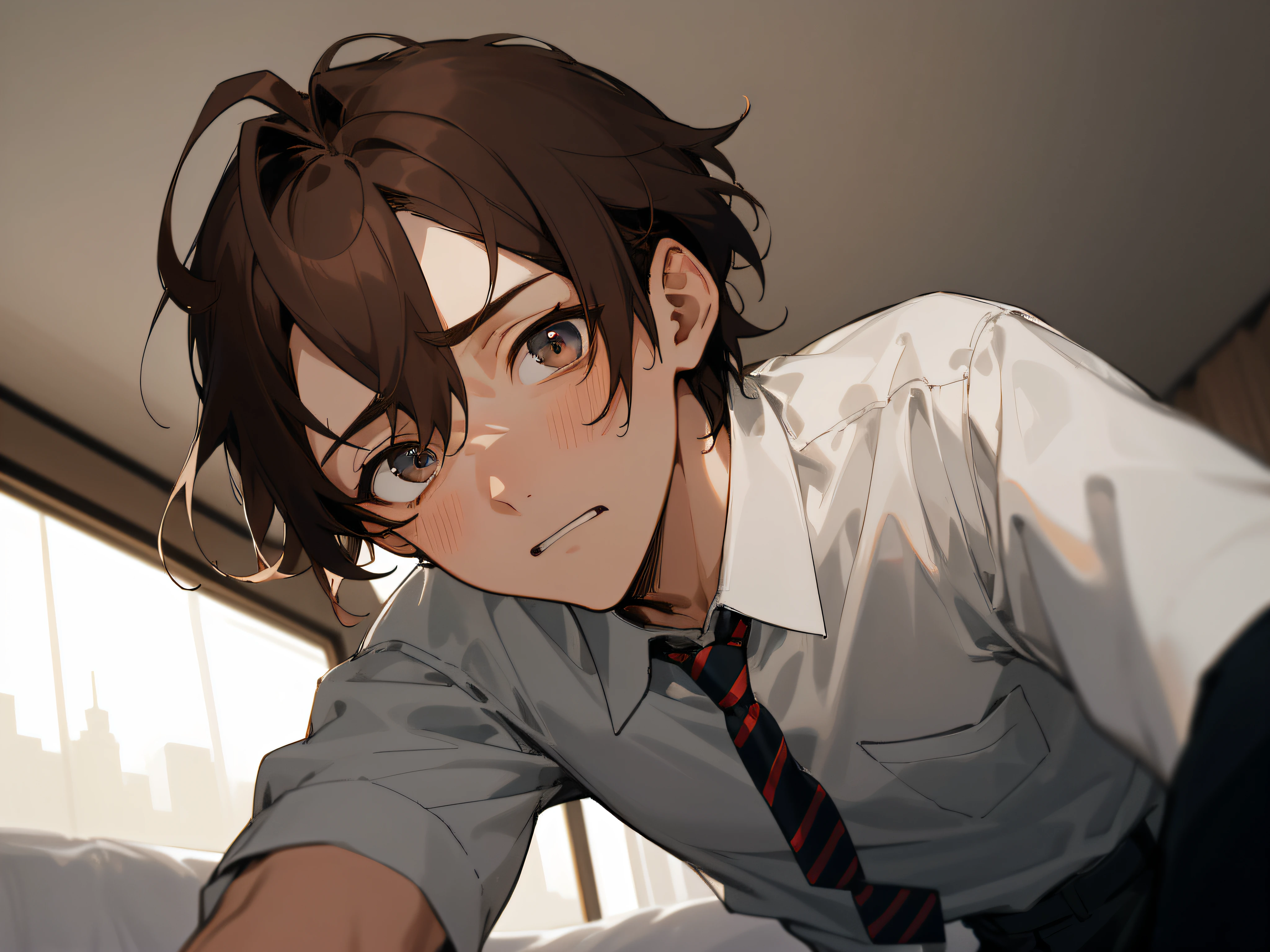 Man's, 26 years old,1 boy、Brown hair、Ties and shirts,eyes are brown、Depression,,From below,Push your audience down,Angle from below,perspiring,Impatient expression,Background Hotel,a bed,up on the face