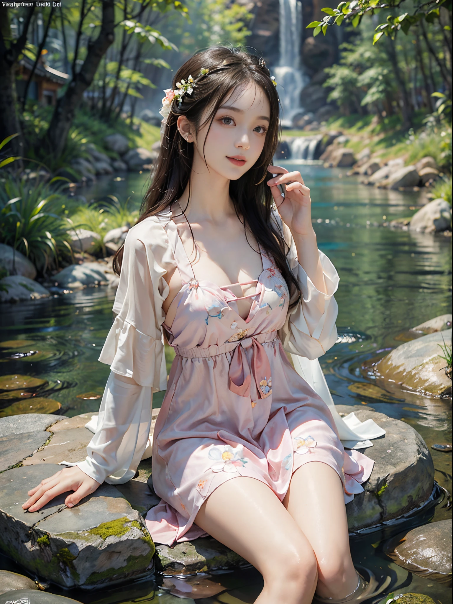 (best quality, masterpiece:1.2), ultra-detailed, (realistic:1.37), beautiful, youthful, glamorous model with (detailed eyes, detailed lips, extremely detailed eyes), wearing a loose Han-style dress with a deep V-neck, sitting on a rock by the river, surrounded by rocks or a temple or a bridge, in a knee shot, with white and floral colors, showcasing a radiant smile, slender figure, long legs, creating a breathtaking depiction of a girl enjoying the water.