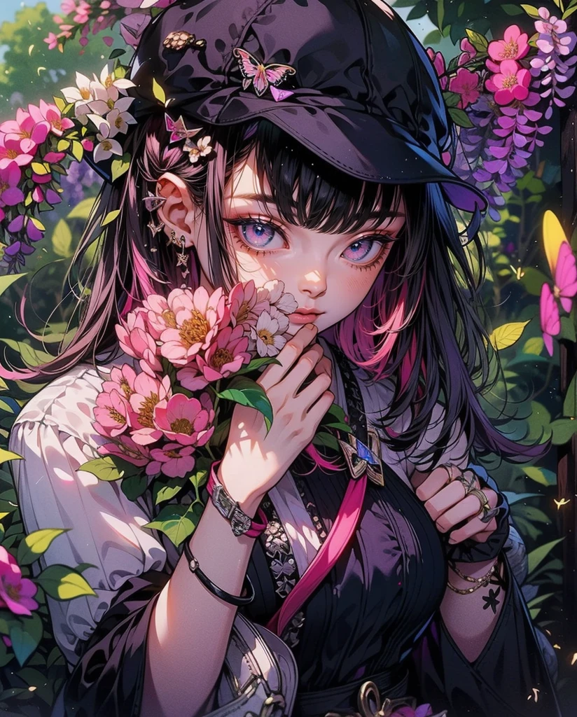 8k, sunny day, floral, happy, smiling, beautiful hat, ((light pink eyes)) embroidery, enchanted, fireflies, purple, wisteria, white-dress, day, beautiful aesthetic dress, sweet looking, midjourney, close-up, niji,