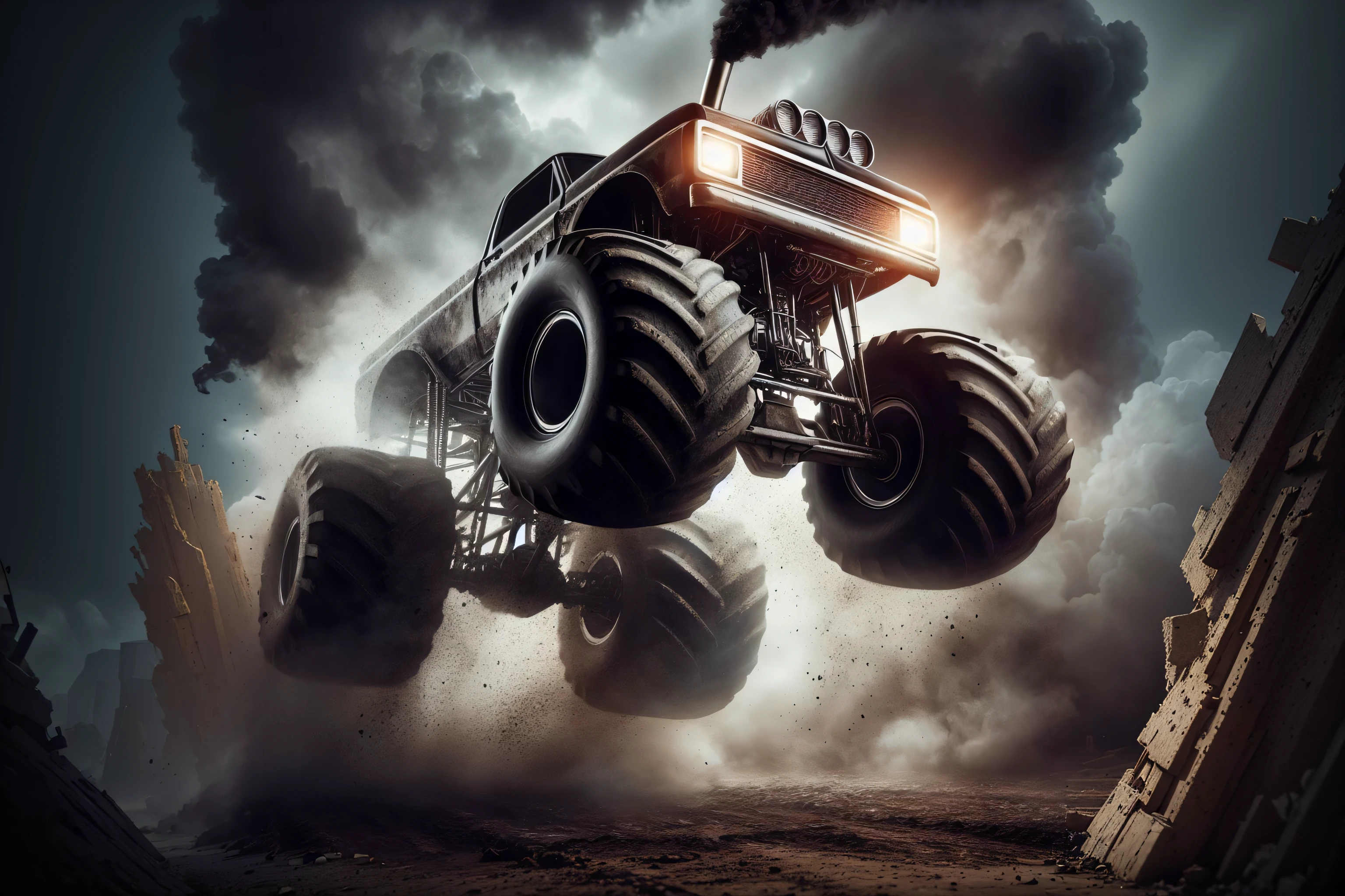 there is a monster truck, from which smoke comes, monster truck, Monster Truck Rally, off - road, Октановый фотореалистичный 3D-рендеринг, background illustration, vehicle concept photo!!, ultra realistic 3d illustration, 3d high octane render, hq artwork, rolands zilvinskis 3d render art, Matthias Weischer, Dirt and mud in the air