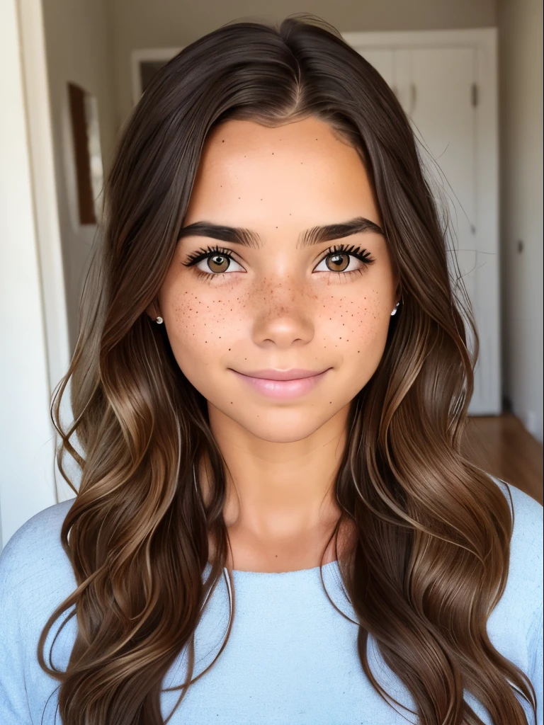 1girl. Tan skin, freckles on nose, freckles on cheeks, dark brown hair, wavy hair, hair braid, pregnant, photo shoot