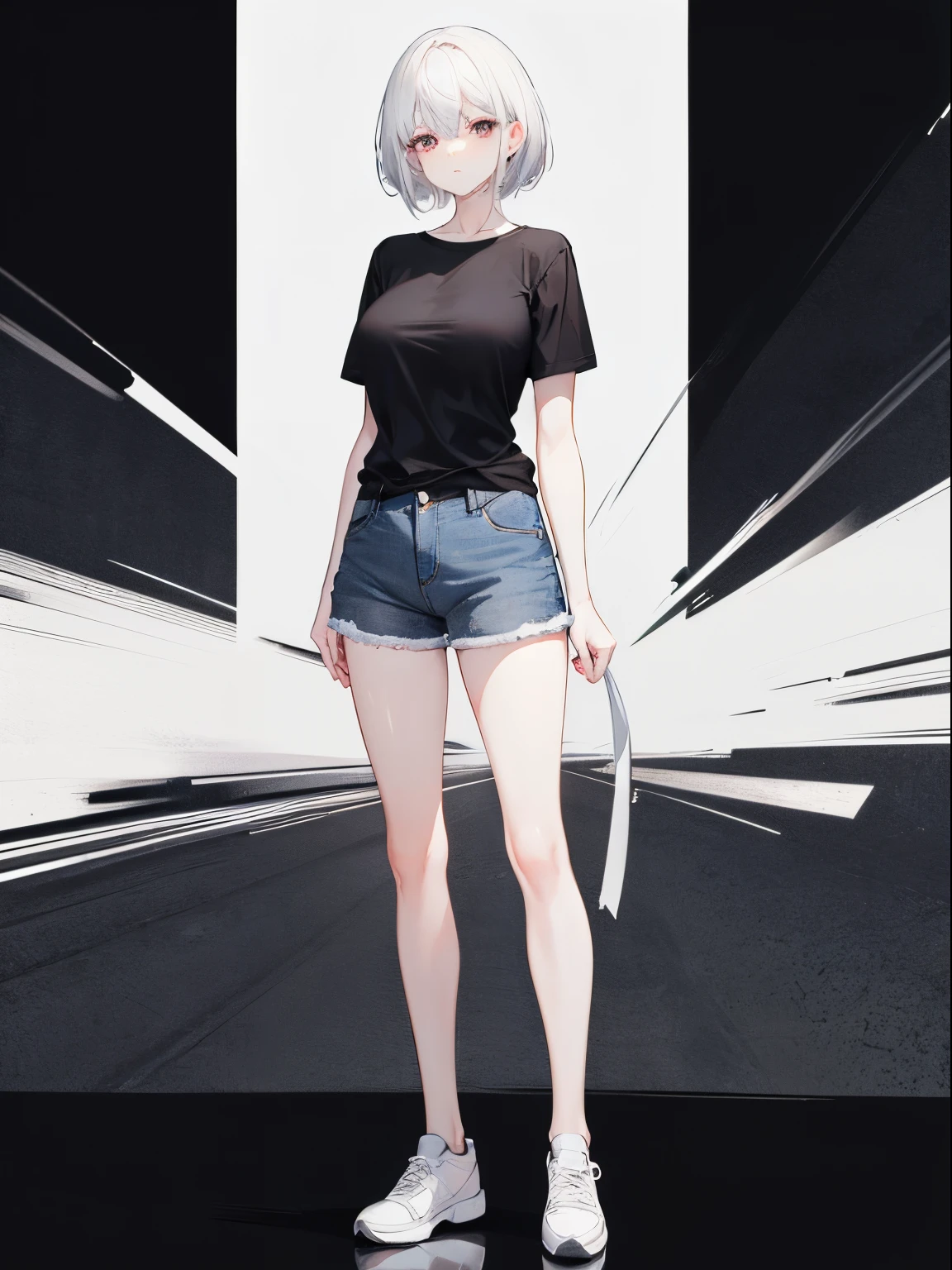solo, mature female, white hair, medium hair, mole under eyes, medium breast, black shirt, short sleeves, denim shorts, white shoes, full body, standing, simple background, white background,