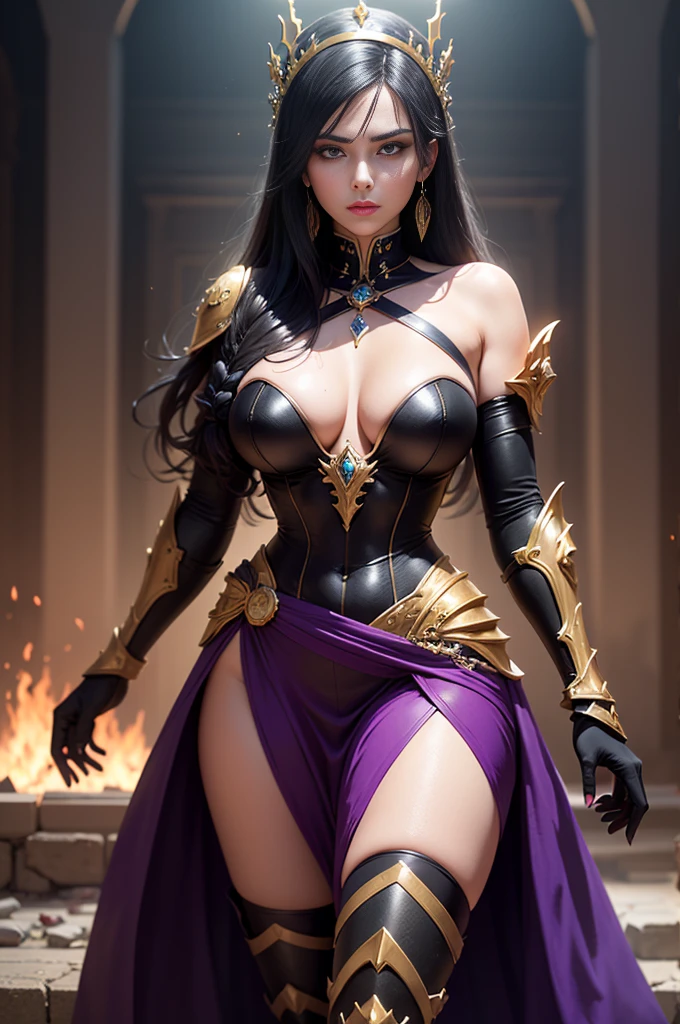 8K,Photorealsitic　Raw photography　top-quality;1.4) 　(One adult woman)　Super beauty　(Lifelike face)　long blue-black hair　Fantastic Empress with glowing purple eyes　the appearance of aristocratic large breasts of black and silver color,　Black and gold trousers　Golden decoration　glares　Equipped with a sword at the waist　Wearing black leather gloves　Ruins　Gwaitz style　Purple Rouge　realisitic　accurate detail　unrealengine　Beautiful expression　Details of each part　A red fireball glows in the palm of your hand(effect)　超A high resolution　A hyper-realistic　enticing　foot armor　real looking skin　Fantasy Queen　An inviting gaze