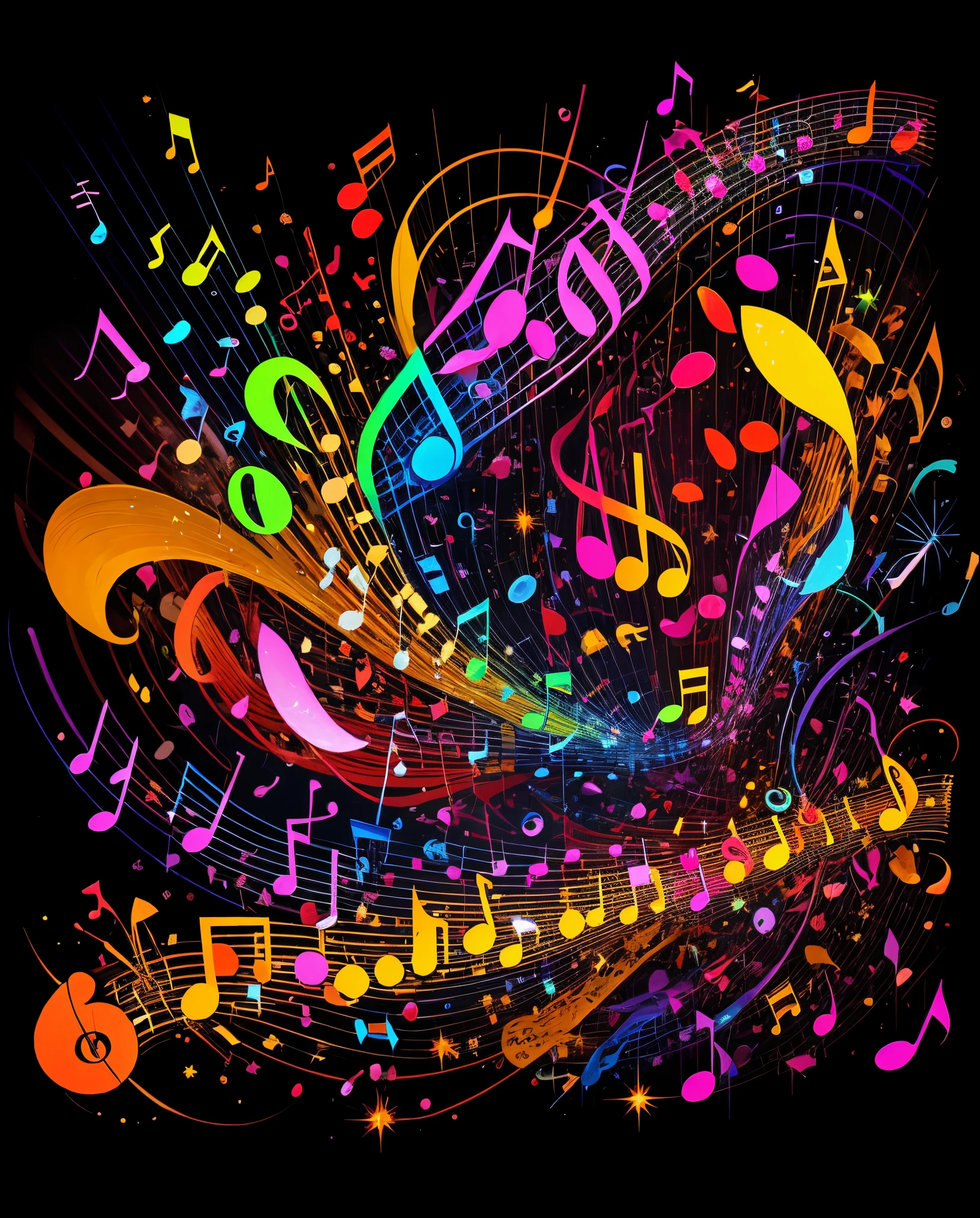 I want to use musical notes as the main body，Musical instruments are the background，Very crazy，Very wild abstract painting