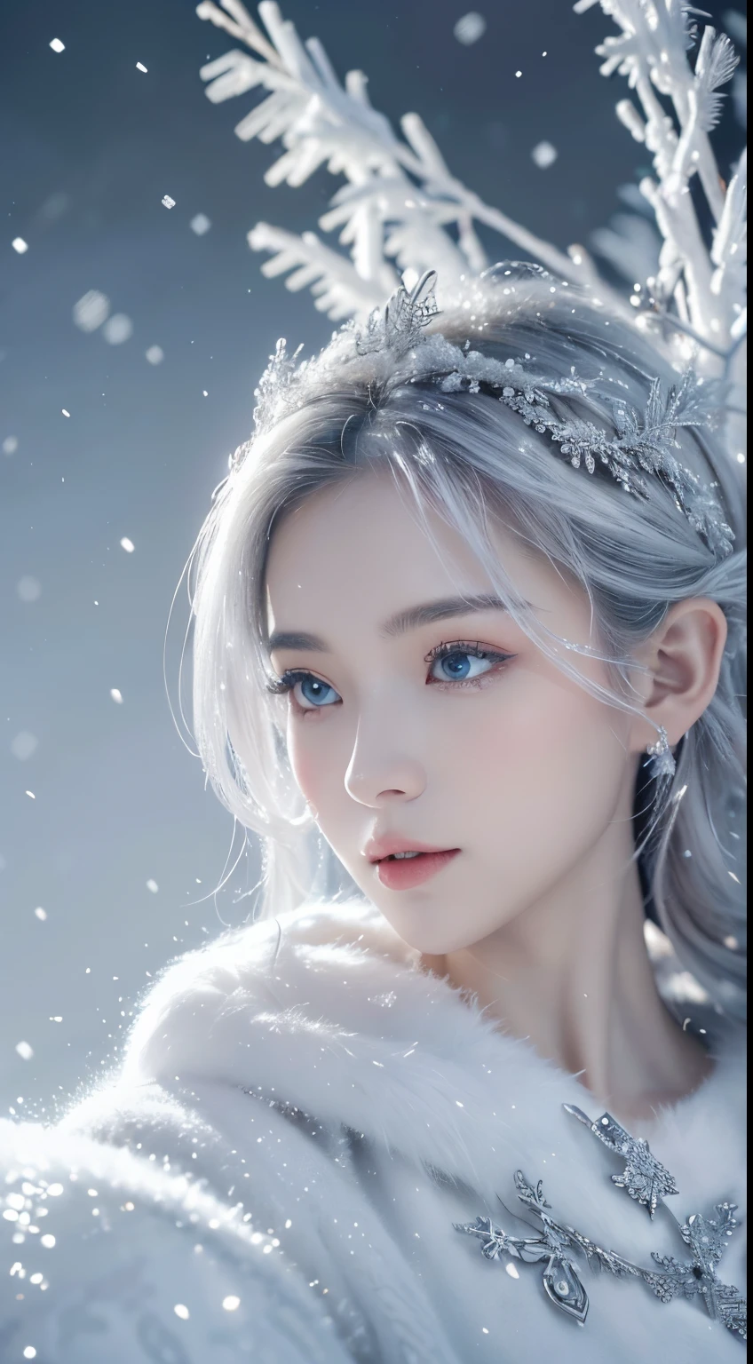 (tmasterpiece,8K,Best quality,A high resolution,ultra - detailed,ultra-realistic realism),The white,A world covered in silver, branches covered with snow, cold winter touch, Snowflakes dance like elves, Turn the world into a silver fairy tale, Cold, Peaceful and beautiful snow scene, Comfortable and calm