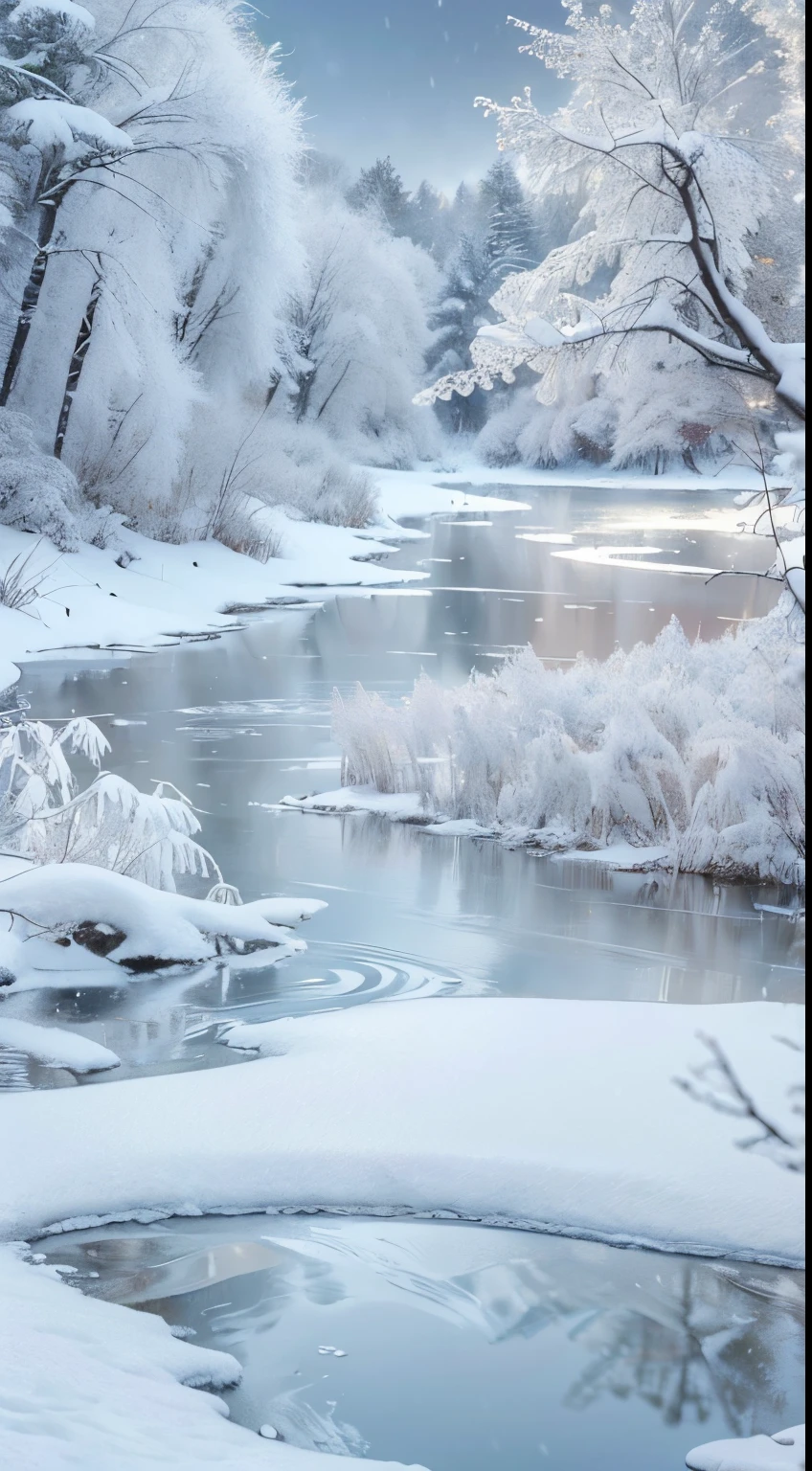 (tmasterpiece,8K,Best quality,A high resolution,ultra - detailed,ultra-realistic realism),The white,A world covered in silver, branches covered with snow, cold winter touch, Snowflakes dance like elves, Turn the world into a silver fairy tale, Cold, Peaceful and beautiful snow scene, Comfortable and calm