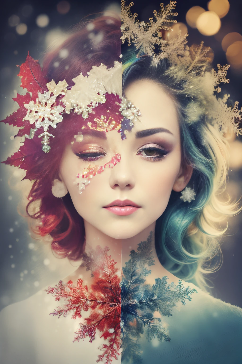 (tmasterpiece,Best quality,Rainbow style), double exposure, 1 Beautiful woman, (There are beautiful big snowflakes falling:1.5),Christmas tree, snowflower, snowy night, Cool, As estrelas, Poinsettia,