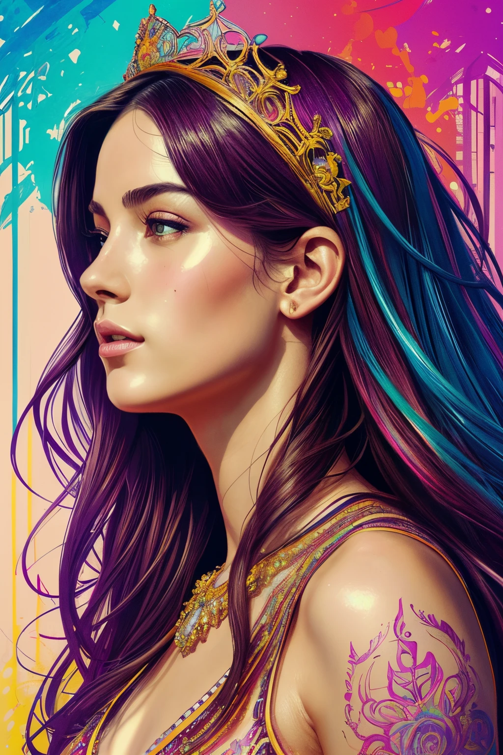Highly detailed, High Quality, Masterpiece, beautiful, FISideRight cafe, right side angle, 1girl, solo, ((best quality)), ((masterpiece)), (detailed), perfect face, abstract beauty, Create a digital art work in pop art style, luxury elegance bold with hint of feminine, happy & youthful, authentic, brave, princess wearing crown, purple and gold, centered, key visual, intricate, highly detailed, breathtaking beauty, precise lineart, vibrant, comprehensive cinematic, Carne Griffiths, Conrad Roset, vector art, Colorful graffiti illustration, (the most beautiful portrait in the world:1.5)