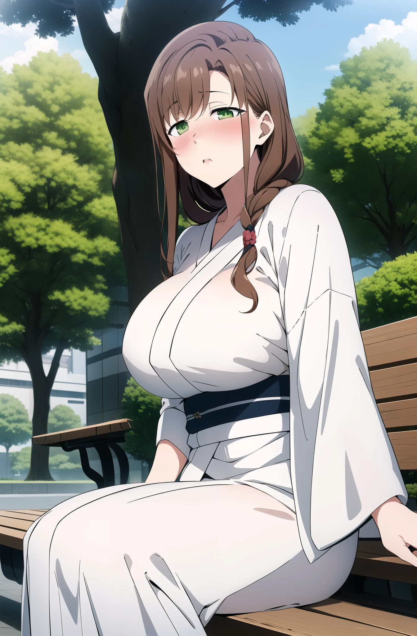 masterpiece, best quality, highly quality ,large breast,, BROWN_hair, long_hair, hair_pulled_back,parted_lipsGREEN_eyes, white kimono , park background , (blush:1.2) , sitting , bench , tree , looking at viewer,