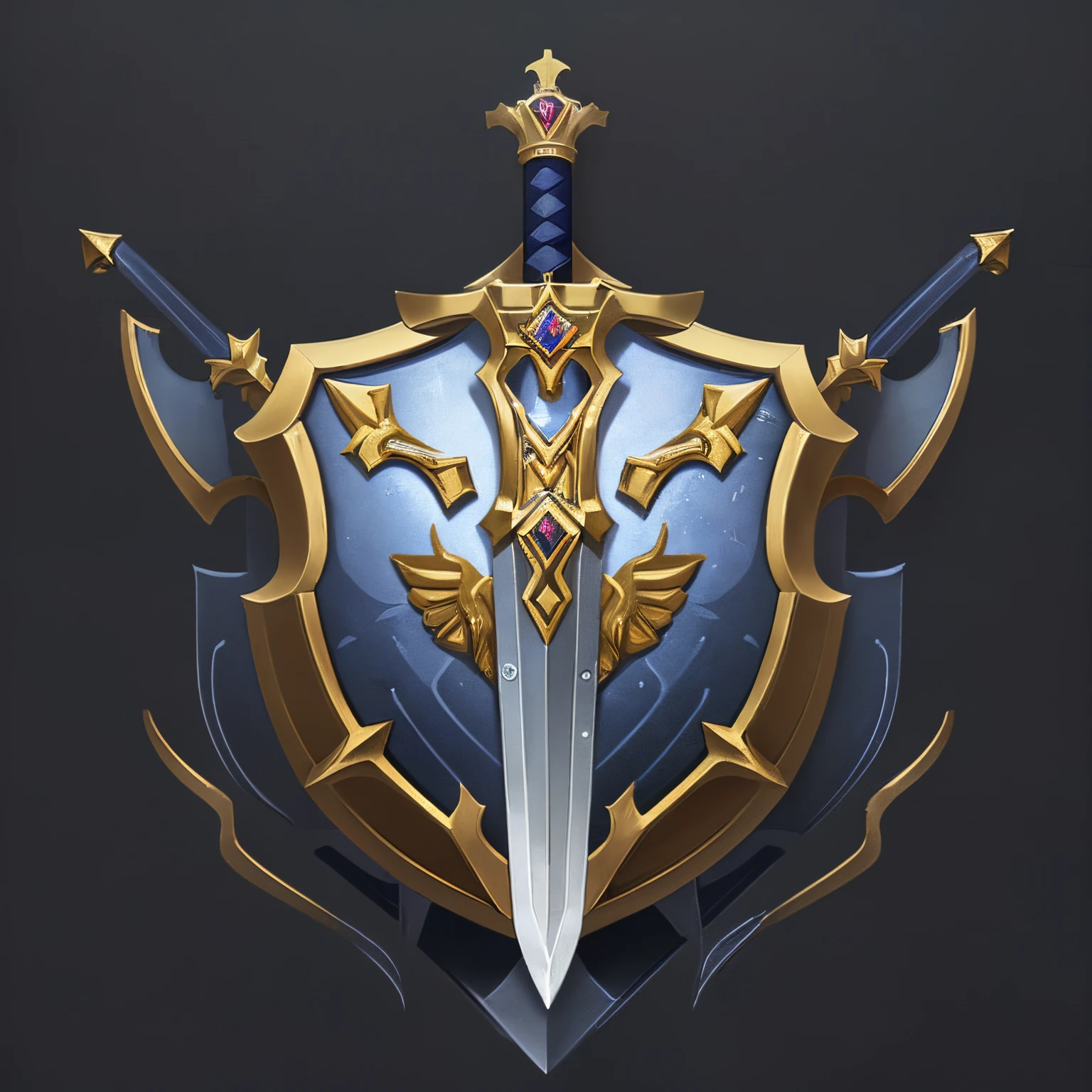 (tmasterpiece, top-quality, Best quality at best, offcial art, Beauty and aesthetics:1.2), (8K, Best quality at best, tmasterpiece:1.2),A shield, simple，The sword，arma，badges，Metallic，armour，tiara crown，Symmetrical geometry，symmetric beauty，Two-dimensional style，with black background