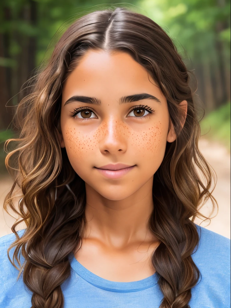 1girl. Tan skin, freckles on nose, freckles on cheeks, dark brown hair, wavy hair, hair braid, pregnant, full body shot