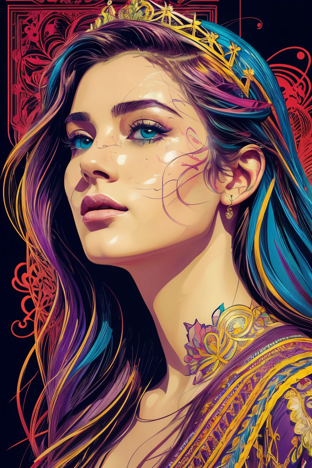 Highly detailed, High Quality, Masterpiece, beautiful, FISideRight cafe, right side angle, 1girl, solo, ((best quality)), ((masterpiece)), (detailed), perfect face, abstract beauty, Create a digital art work in pop art style, luxury elegance bold with hint of feminine, happy & youthful, authentic, brave, princess wearing crown, purple and gold, centered, key visual, intricate, highly detailed, breathtaking beauty, precise lineart, vibrant, comprehensive cinematic, Carne Griffiths, Conrad Roset, vector art, Colorful graffiti illustration, (the most beautiful portrait in the world:1.5)