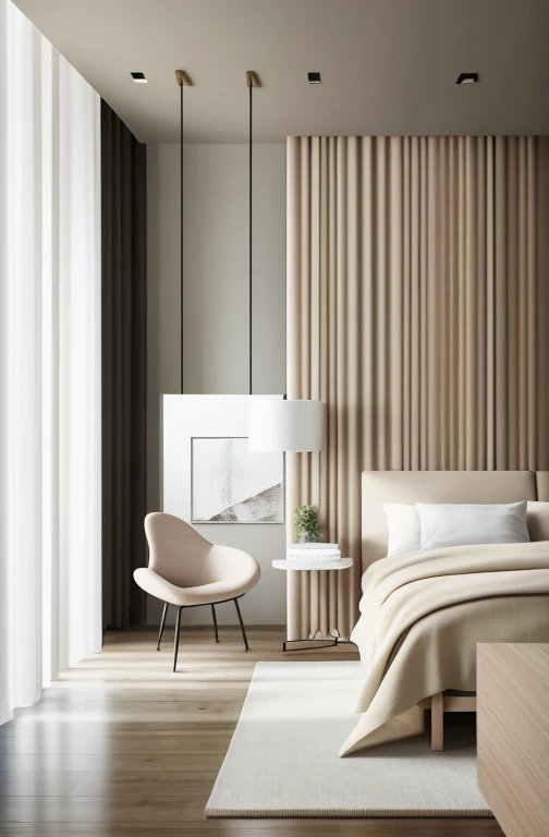 There is a bed in the room，The headboard is wooden,There are simple curtains at the back， natural light in the room, Partial shadow makes the whole more inconsistent，bedroom background, Contemporary design, Original and simple design, bedroom interior, modernsimplicity, inside bedroom, clean and pristine design, modern minimalistic design, elegant minimalism, Bedrooms, Modern look, serene bedroom setting, Bedrooms, beige color scheme, Clean and simple design，
