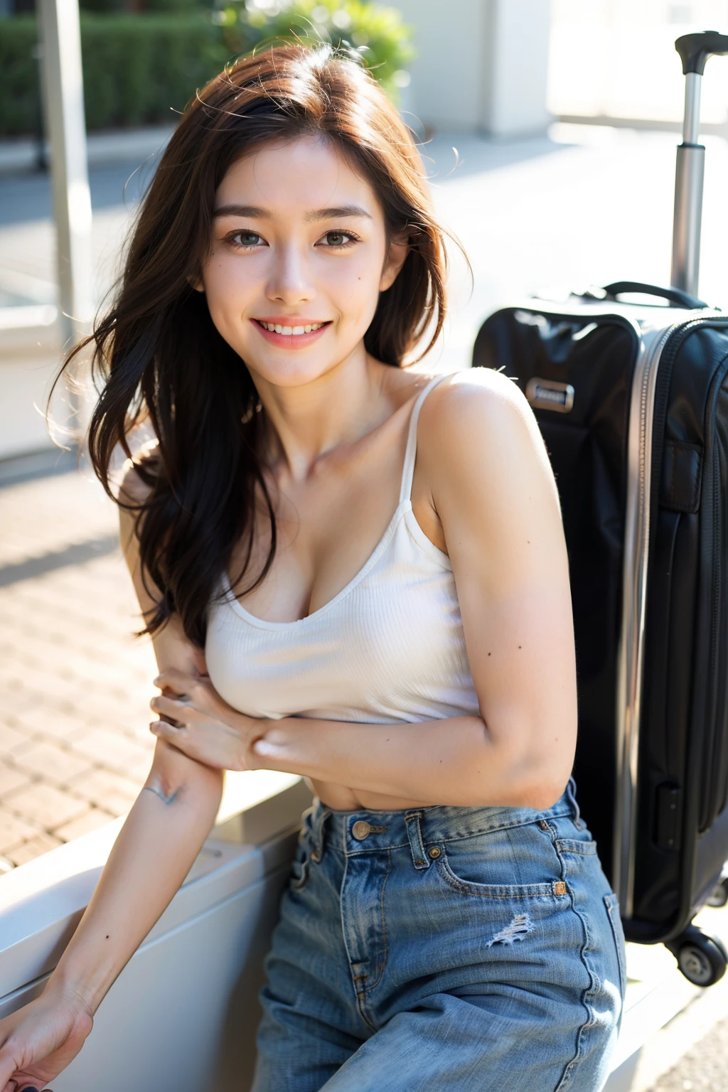 ((Best quality at best)), ((tmasterpiece)), (Detailed pubic hair), s the perfect face,male people,ssmile,Sunlight on the face,Pulling the suitcase