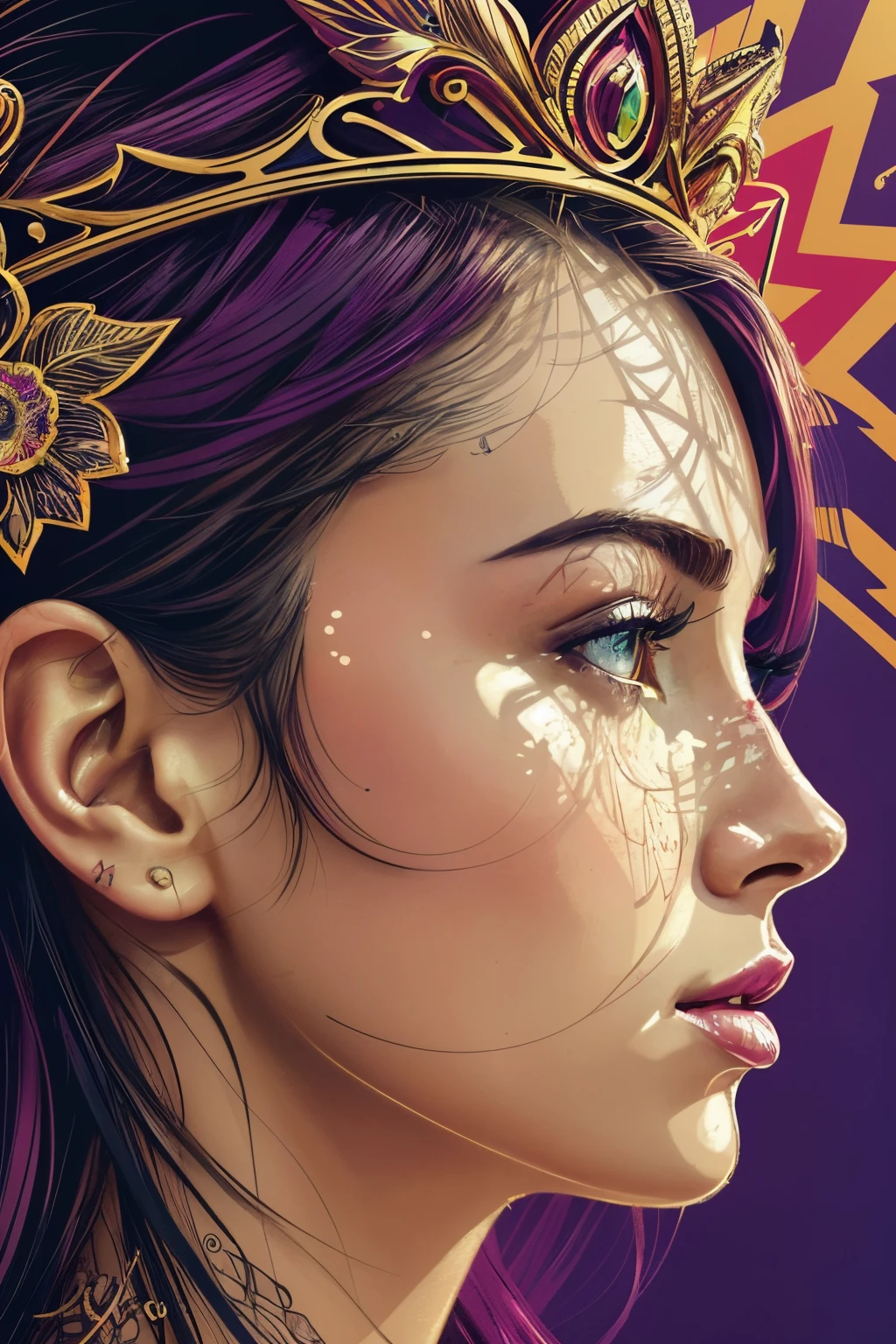 Highly detailed, High Quality, Masterpiece, beautiful, FISideRight cafe, right side angle, 1girl, solo, ((best quality)), ((masterpiece)), (detailed), perfect face, abstract beauty, Create a digital art work in pop art style, luxury elegance bold with hint of feminine, happy & youthful, authentic, brave, princess wearing crown, purple and gold, centered, key visual, intricate, highly detailed, breathtaking beauty, precise lineart, vibrant, comprehensive cinematic, Carne Griffiths, Conrad Roset, vector art, Colorful graffiti illustration, (the most beautiful portrait in the world:1.5)