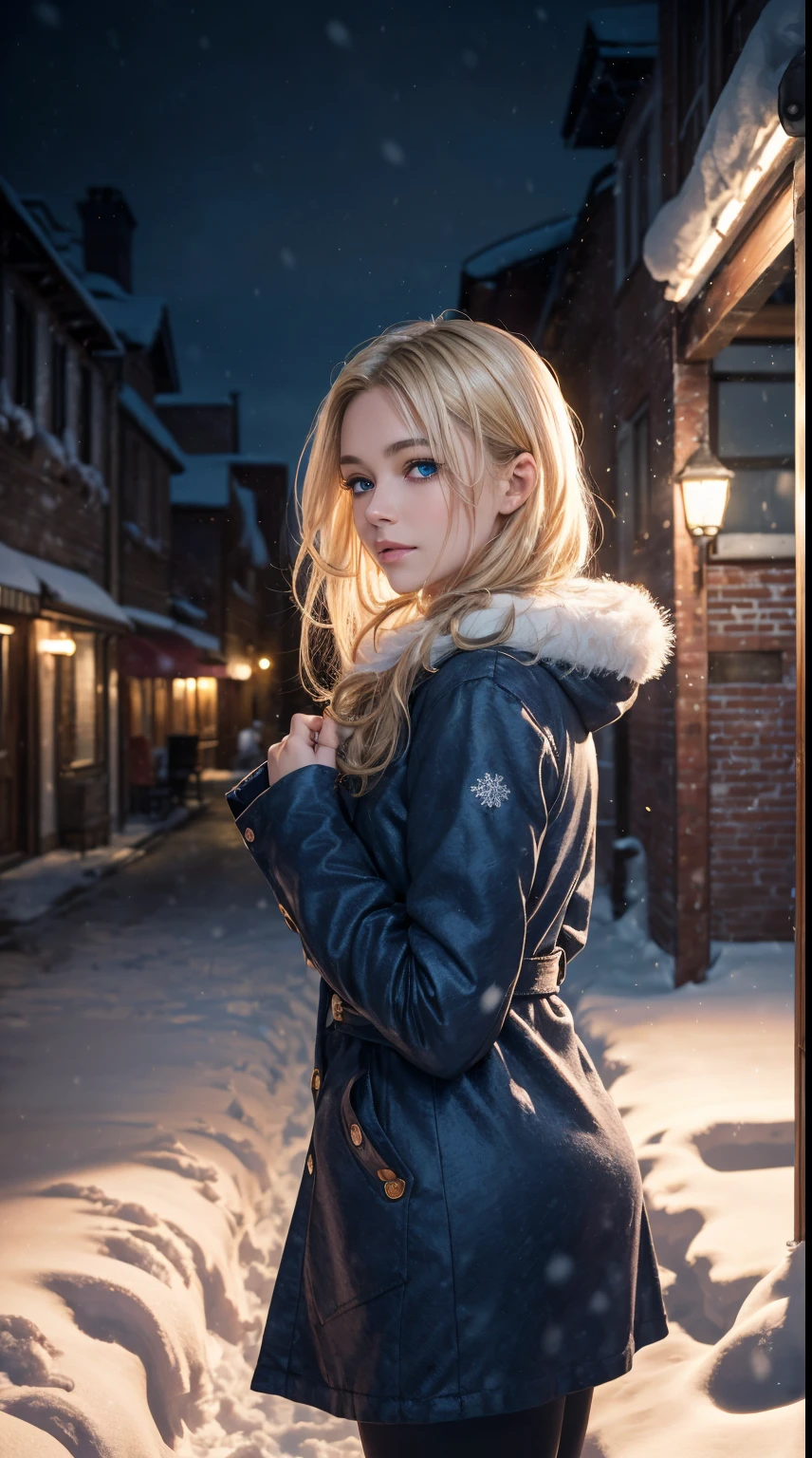 (masterpiece),(top-quality:1.2),1girl in,(masuter piece:1.3),exquisitedetails, Highest quality 8K resolution, Ultra-detailed, Realistic, Vibrant colors, Soft tones, With warm and gentle lighting, (snowy night:1.5),(Snowy city:1.4),designed for cozy aesthetics, wide skirt, Styling, With short hair, simple style, Beige, 2 0, Dynamic!!, Cute:2, F / 2 0, Roots and hay coat, lookbook, Vivid), 9, jimin, ( Side ) profile (Smooth straight blonde hair:1.2),(Hair parted in the middle:1.3),(Glowing hair),(Dark blue eyes:1.3),(Hands close to the face:1.4),White skin, hair clips,Small necklace,A gentle feeling overflows,The sun's rays illuminate joy and pure love, Warm golden glow,The atmosphere is full of happiness and laughter, As if celebrating love,Ultra-detailed depiction and vivid colors,A style that combines romanticism and realism,depth of love,color palettes,Create an ethereal atmosphere like a dream,Lighting is soft and diffused,masterpiece artwork