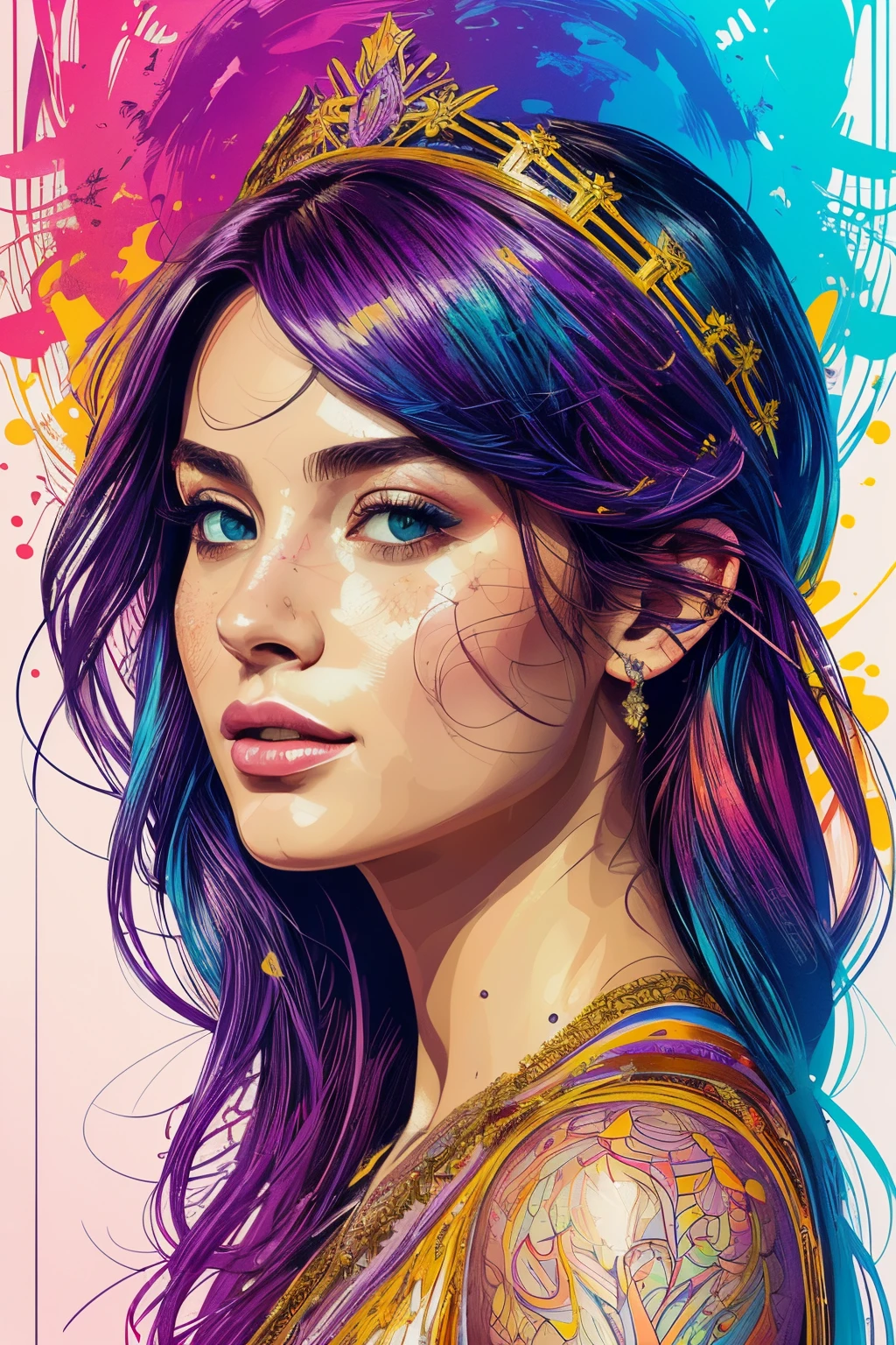 Highly detailed, High Quality, Masterpiece, beautiful, FISideRight cafe, right side angle, 1girl, solo, ((best quality)), ((masterpiece)), (detailed), perfect face, abstract beauty, Create a digital art work in pop art style, luxury elegance bold with hint of feminine, happy & youthful, authentic, brave, princess wearing crown, purple and gold, centered, key visual, intricate, highly detailed, breathtaking beauty, precise lineart, vibrant, comprehensive cinematic, Carne Griffiths, Conrad Roset, vector art, Colorful graffiti illustration, (the most beautiful portrait in the world:1.5)