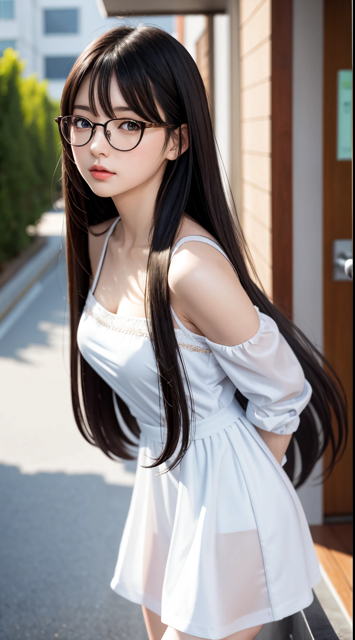 (RAW photo, best quality), (realistic, photo-realistic:1.3), masterpiece, an extremely delicate and beautiful, extremely detailed, CG, unity , 2k wallpaper, Amazing, finely detail, light smile, extremely detailed CG unity 8k wallpaper, huge filesize, ultra-detailed, highres, absurdres, soft light, (long hair:1.3), bang, floating hair novafrogstyle, beautiful detailed girl, detailed fingers, extremely detailed eyes and face, beautiful detailed nose, beautiful detailed eyes, long eyelashes, light on face, looking at viewer, (closed mouth:1.2), 1girl, cute, young, mature face, ((medium breasts)), realistic face, realistic body, beautiful detailed thigh, Aily, glasses, 1girl, solo, long hair, lips, jewelry, upper body, realistic, eyewear, (posterior view)、(Back shot)