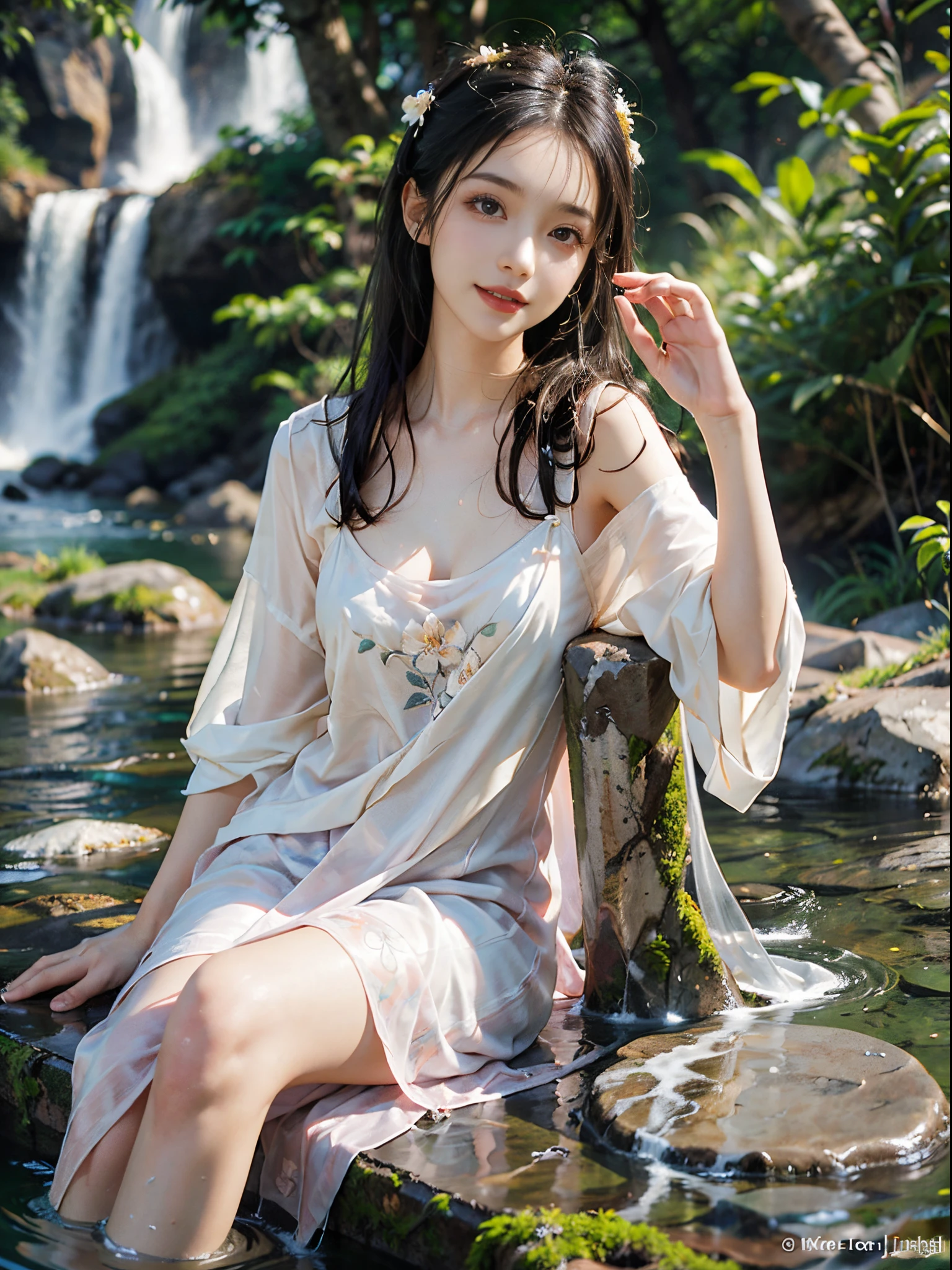 (best quality,4k,8k,highres,masterpiece:1.2),ultra-detailed,(realistic,photorealistic,photo-realistic:1.37),portrait of fairies,enjoying water play in a beautiful river in the forest,fairy with detailed face and hands, enchanted woodland scene, sparkling water, sunlight streaming through the trees, vibrant colors, ethereal atmosphere, delicate wings, flowing dresses, mischievous expressions, shimmering reflections on the water surface