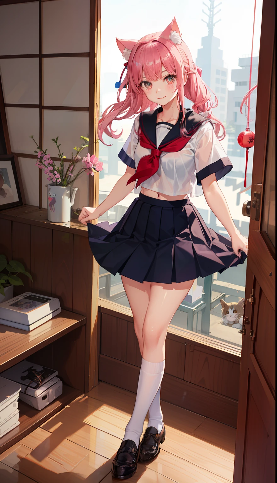 1girl in、A smile、The shirt、skirt by the、Light in the eyes、（small tits）Chilarism、Japan High School Student Uniform、serafuku、summer clothing、Squall Drenched Uniform、Sheer Bra、Cat's ears、（Portrait from the knee up）、