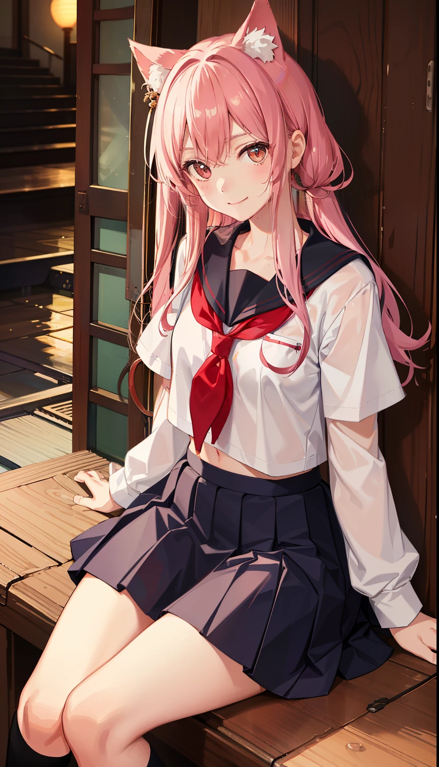 1girl in、A smile、The shirt、skirt by the、Light in the eyes、(small tits)Chilarism、Japan High School Student Uniform、serafuku、summer clothing、Squall Drenched Uniform、Sheer Bra、Cat's ears、(Portrait from the knee up)、