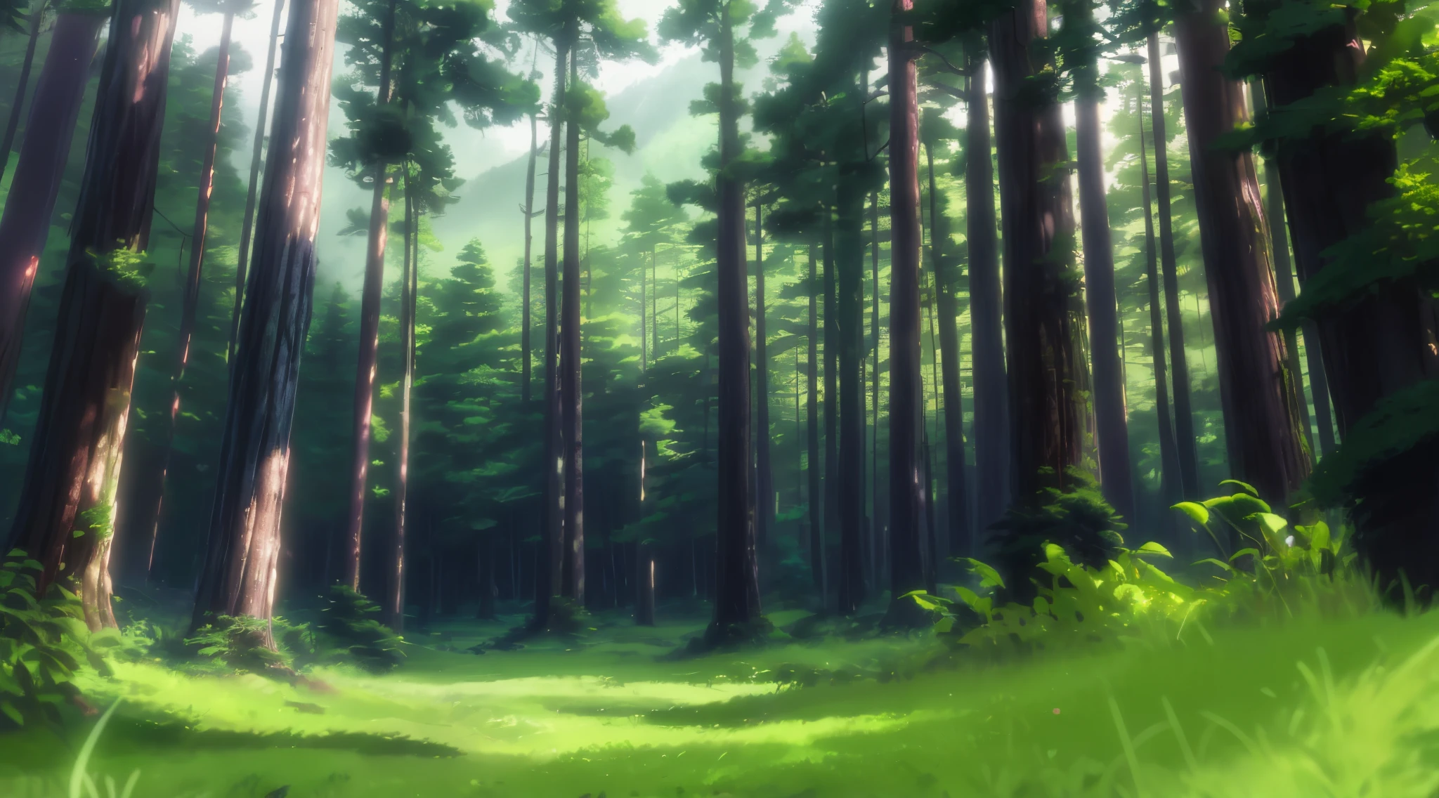 a close up of a forest with tall trees and grass, anime background art, anime lush john 8k woods, peaceful lushious forest, forest environment, forestpunk background, forest outside, forest setting, forest backdrop, anime nature, anime background, anime countryside landscape, vast forest, thick forest, anime scenery concept art, beautiful anime scenery, soft forest background