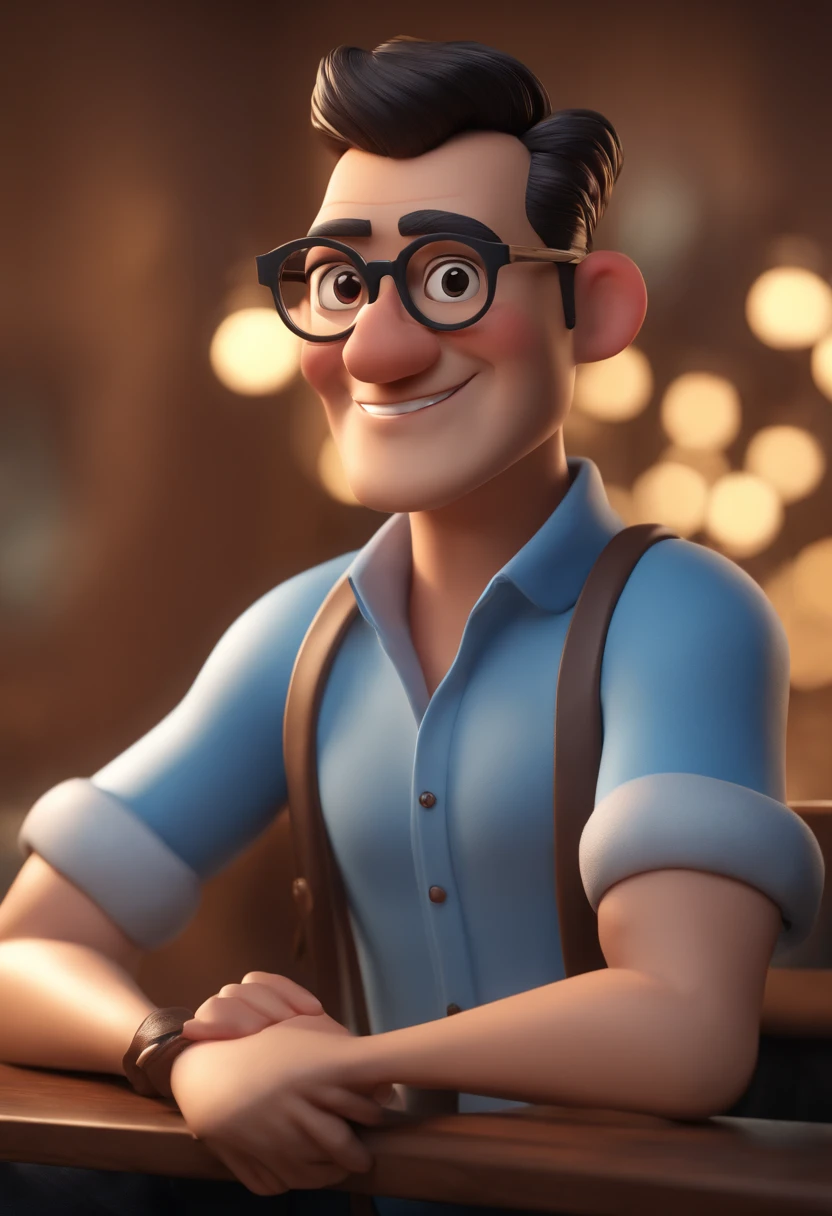 Cartoon character of a man wearing black glasses and blue shirt, an animated character, stylized characters, Animation-style rendering, stylized 3d, arnold maya render, Stylized 3D rendering, Cartoon rendering key shots, 3D characters, 3d character, stylized 3d render, 3D character rendering, cartoon character, close up character, Character posing, (pixar-style) (tmasterpiece:1.2) (bokeh) (Best quality at best) (Delicate skin) (Detailed texture) (8K) (clay) (电影灯光) (Focus sharp,Sitting on the upper body with triangular eyebrows,Short haircut