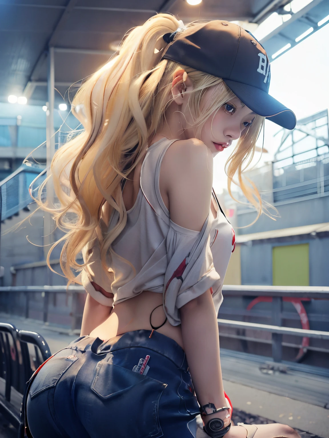 Anime girl with blond hair and baseball cap sitting on the bench, Blonde long-haired anime girl, seductive anime girls, Urban girl fan art, detailed digital anime art, style artgerm, Popular topics on artstation pixiv, Art germ. anime illustration, Very detailed artistic sprout, Digital art on Pixiv, Beautiful anime girls, smooth anime cg art