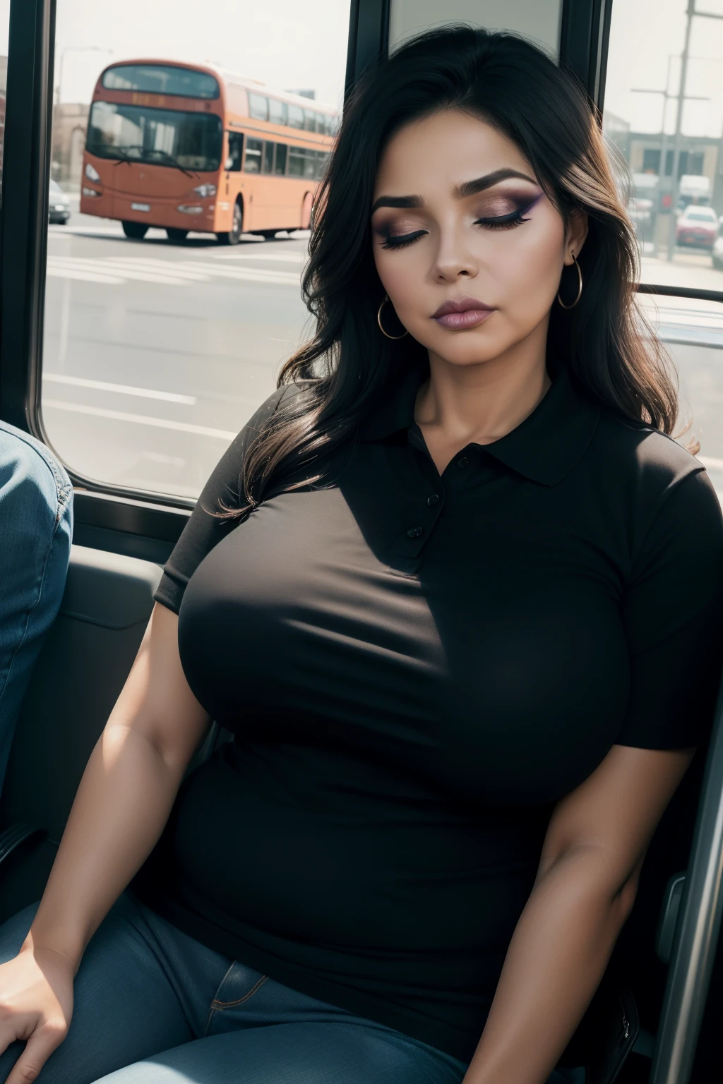 1 beautiful woman, 50 year old lady, ((Very intense makeup)), sleeping, motuh wide open, eyes closed, black hair, sleeping sitting on the bus, jeans, black polo shirt, big breasts, outlined eyes, drooling, snoring, frown, black bag, head on bus window, sitting by window, voluptuous woman