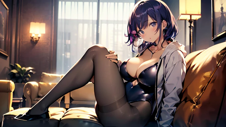 (top-quality,High resolution,(Ultra high definition,4K), (超A high resolution,in 8K),masutepiece:1.2), (Perfect Anatomy,Anatomically accurate), (Angle from the side), (Soft lighting, 光线追踪), (Two cute high school girls), High-definition beauty face, (Over pantyhose, (((Sitting on a sofa in the lobby of a luxury hotel, legs wide open))), (gray hoodie), cleavage of the breast, (Colorful leotard swimsuit), (Crisp double eyelids), (fascinated expression),(Large breasts:1.3), NSFW,(Soft skin), (Photorealistic), (Glowing skin), (colourful hair)