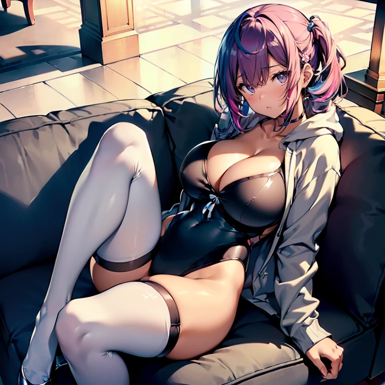 (top-quality,High resolution,(Ultra high definition,4K), (超A high resolution,in 8K),masutepiece:1.2), (Perfect Anatomy,Anatomically accurate), (Angle from above), (Soft lighting, 光线追踪), (Two cute high school girls), High-definition beauty face, (Over pantyhose, (((Sitting on a sofa in the lobby of a luxury hotel, legs wide open))), (gray hoodie), cleavage of the breast, (Colorful leotard swimsuit), (Crisp double eyelids), (fascinated expression),(Large breasts:1.3), NSFW,(Soft skin), (Photorealistic), (Glowing skin), (colourful hair)