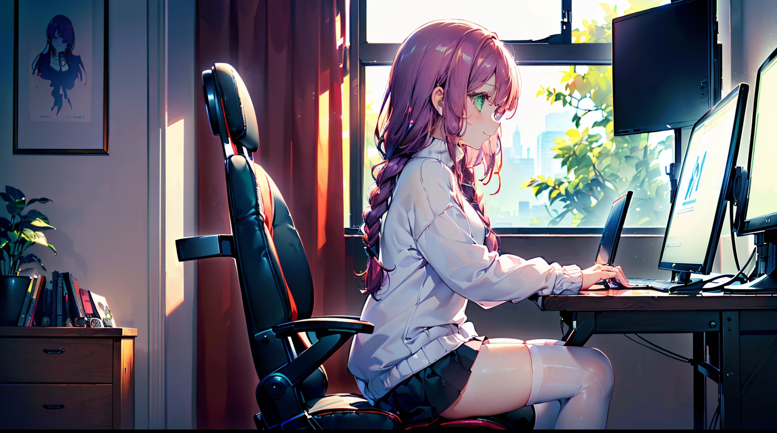 (((highest quality, high resolution, masterpiece, masterpiece, finest, high resolution))). One girl, solo. (((My child is a beautiful and adorable girl with deep, shining deep green eyes, slanted eyes, delicate reddish-purple hair, and anime-like facial features))). ((She is attractive)). Her skin color is amazingly white. (((Her long hair is braided))). Medically and scientifically correcting the human body (correcting the way you lose weight, correcting your limbs, correcting the shape of your hands and number of fingers). The costumes are (((oversized white sweater, navy blue miniskirt))), ((white knee-high socks, thigh-highs)). ((She is sitting in a gaming chair, looking away, profile view, typing on a computer desk keyboard)). (((Her face and body are facing the front of the monitor, looking away, profile view, her eyes sparkle with a smile))).