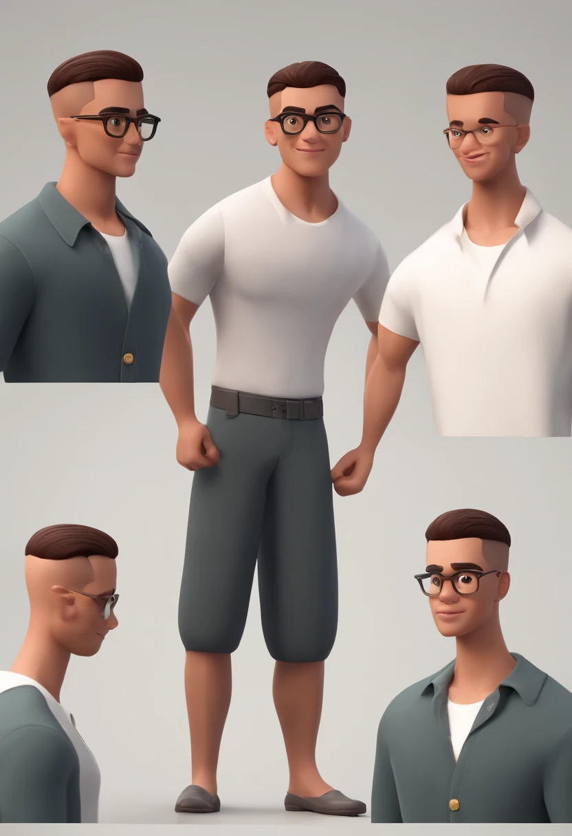 Young man is tall and muscular, Wide,Wear glasses,Flat head BUZZCUT,cartoon character,an animated character,3d Pixar style,电影灯光,Detailed texture,Delicate skin,Best quality focus sharp,The upper part of the body