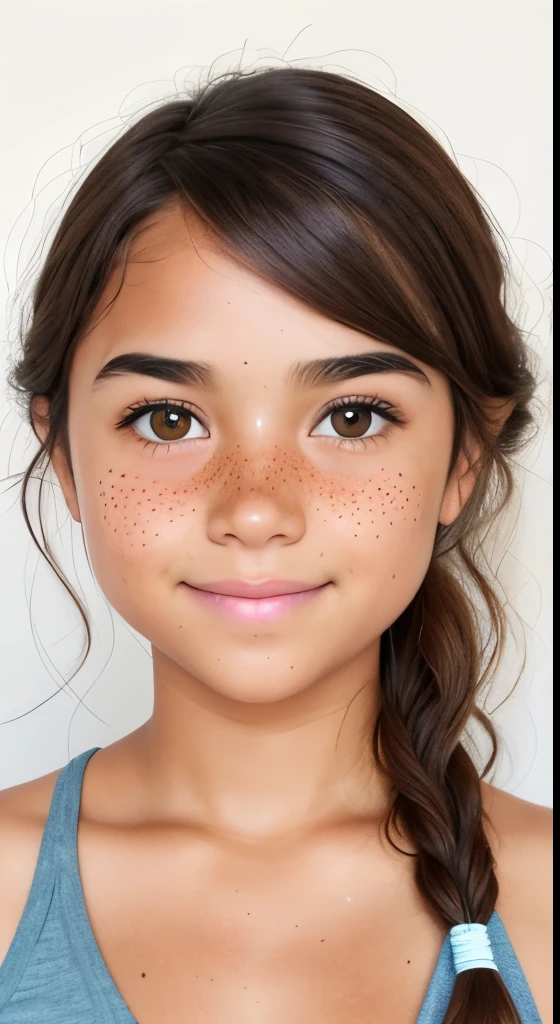 1girl. Tan skin, freckles on nose, freckles on cheeks, dark brown hair, wavy hair, pregnant,