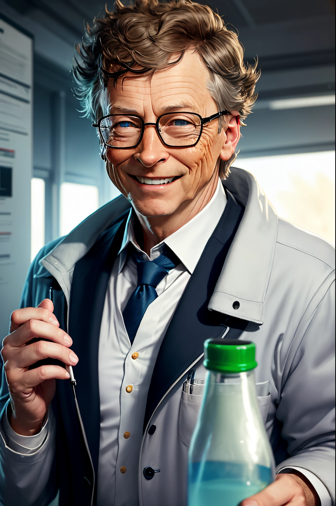 bill Gates as a mad scientist with a big smile on his face, futuristic