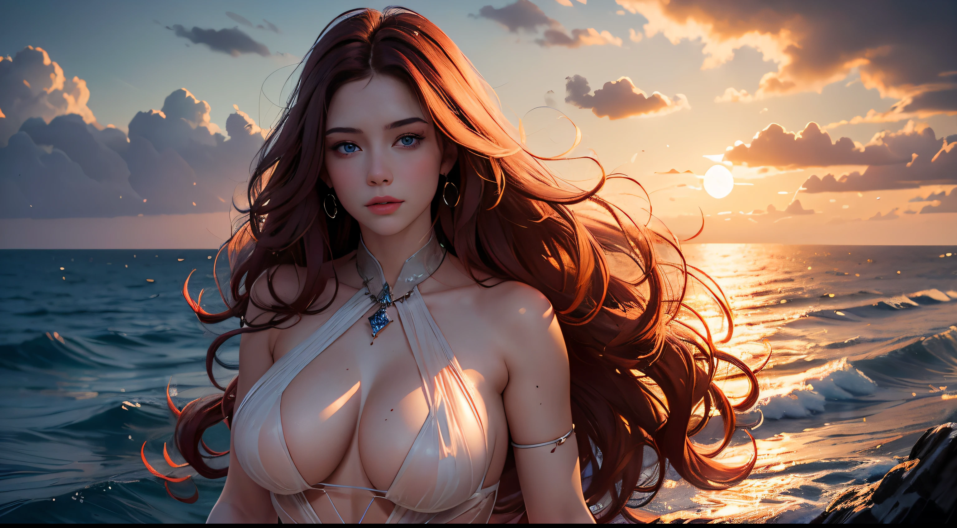 8K high-definition，Natural light exposure，Real photos，sexy beauty，exquisite facial features，eBlue eyes，Slim figure，Bigchest，Red long-haired，curlies，gracefulness，artistic pose，Large transparent luminous crystal，Transparent glow，Outdoor view，the ocean，The moonlight is hazy，tornado，tidal wave，Too much love 0.5