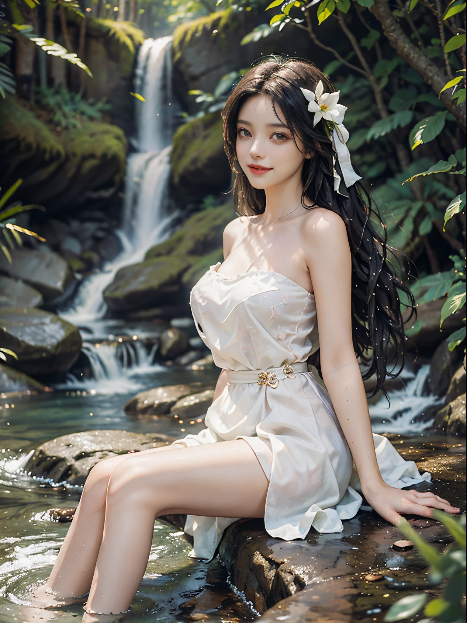 (best quality, masterpiece:1.2), ultra-detailed, (realistic:1.37), beautiful, youthful, glamorous model with (detailed eyes, detailed lips, extremely detailed eyes), Sweet girl clothes4,strapless dress,jewelry,sitting under a waterfall, sitting on a rock by the river, surrounded by rocks or a temple or a bridge, in a knee shot, with white and floral colors, showcasing a radiant smile, slender figure, long legs, creating a breathtaking depiction of a girl enjoying the water,  realistic waterfalls, wet clothes and hair, radiant sunlight, lush greenery, refreshing mist