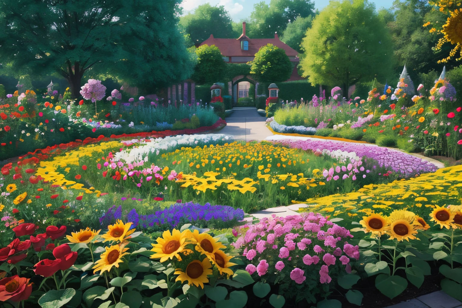 A vibrant and diverse flower garden, bursting with colors and textures. From delicate roses to bold sunflowers, this garden is a visual feast for the eyes. The AI platform will render this scene in a whimsical and dreamy style, with soft brushstrokes and pastel hues.