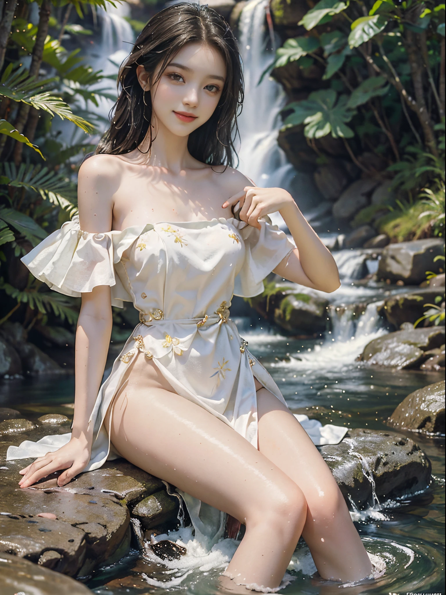 (best quality, masterpiece:1.2), ultra-detailed, (realistic:1.37), beautiful, youthful, glamorous model with (detailed eyes, detailed lips, extremely detailed eyes), Sweet girl clothes4,strapless dress,jewelry,sitting under a waterfall, sitting on a rock by the river, surrounded by rocks or a temple or a bridge, in a knee shot, with white and floral colors, showcasing a radiant smile, slender figure, long legs, creating a breathtaking depiction of a girl enjoying the water,  realistic waterfalls, wet clothes and hair, radiant sunlight, lush greenery, refreshing mist