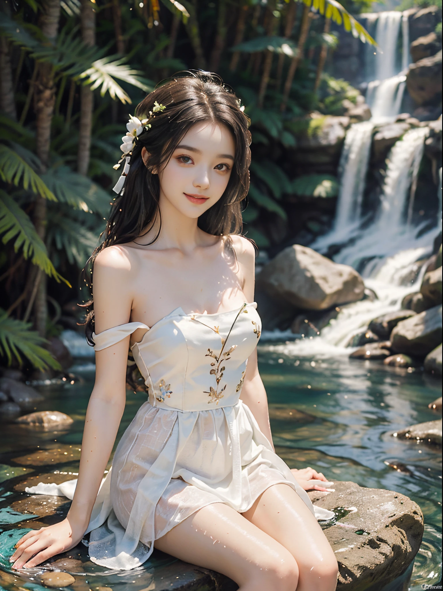 (best quality, masterpiece:1.2), ultra-detailed, (realistic:1.37), beautiful, youthful, glamorous model with (detailed eyes, detailed lips, extremely detailed eyes), Sweet girl clothes4,strapless dress,jewelry,sitting under a waterfall, sitting on a rock by the river, surrounded by rocks or a temple or a bridge, in a knee shot, with white and floral colors, showcasing a radiant smile, slender figure, long legs, creating a breathtaking depiction of a girl enjoying the water,  realistic waterfalls, wet clothes and hair, radiant sunlight, lush greenery, refreshing mist