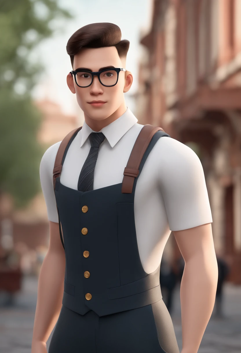 Young man is tall and muscular, Wide,Wear glasses,Flat head BUZZCUT,cartoon character,an animated character,3d Pixar style,电影灯光,Detailed texture,Delicate skin,Best quality focus sharp,The upper part of the body,frontage,with a round face,solo person,Solid background color