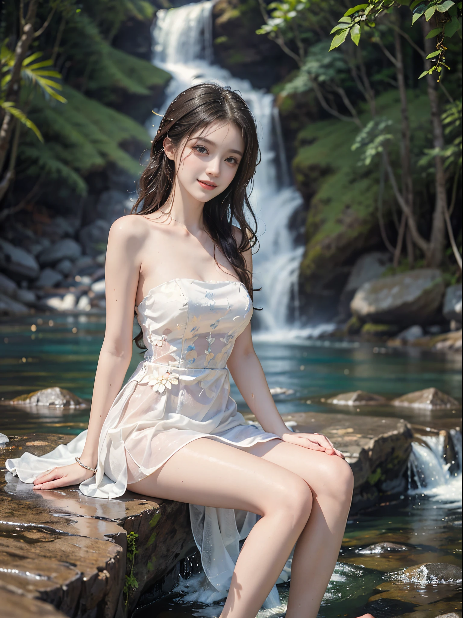 (best quality, masterpiece:1.2), ultra-detailed, (realistic:1.37), beautiful, youthful, glamorous model with (detailed eyes, detailed lips, extremely detailed eyes), Sweet girl clothes4,strapless dress,jewelry,sitting under a waterfall, sitting on a rock by the river, surrounded by rocks or a temple or a bridge, in a knee shot, with white and floral colors, showcasing a radiant smile, slender figure, long legs, creating a breathtaking depiction of a girl enjoying the water, realistic waterfalls, wet clothes and hair, radiant sunlight, lush greenery, refreshing mist