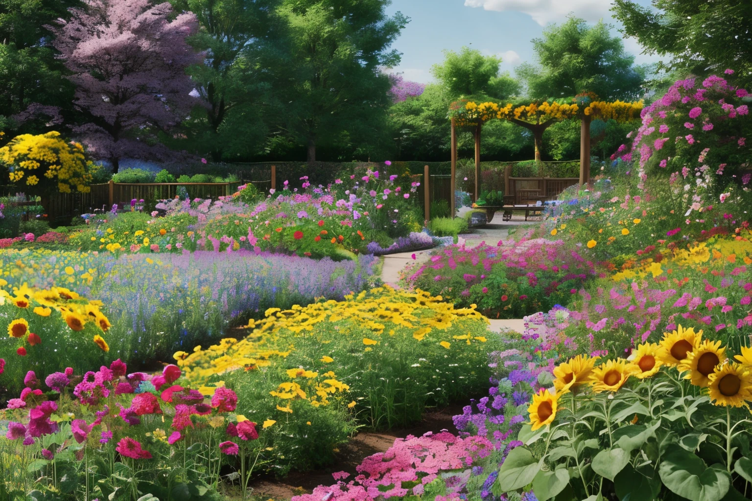 A vibrant and diverse flower garden, bursting with colors and textures. From delicate roses to bold sunflowers, this garden is a visual feast for the eyes. The AI platform will render this scene in a whimsical and dreamy style, with soft brushstrokes and pastel hues.
