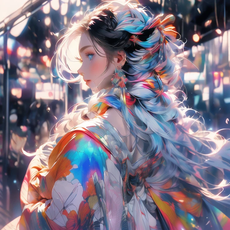 (masutepiece:1.2), Best Quality,Colorful (((Upper body))),
1 Model Girl, Solo, Jewelry, earrings, Long hair, braid, profile, Upper body, Bangs, Blue eyes, From Side, veils, Bow, Kimono, Long sleeves, Komono, iridescent white hair, Black background, Single braid, blush, See-through