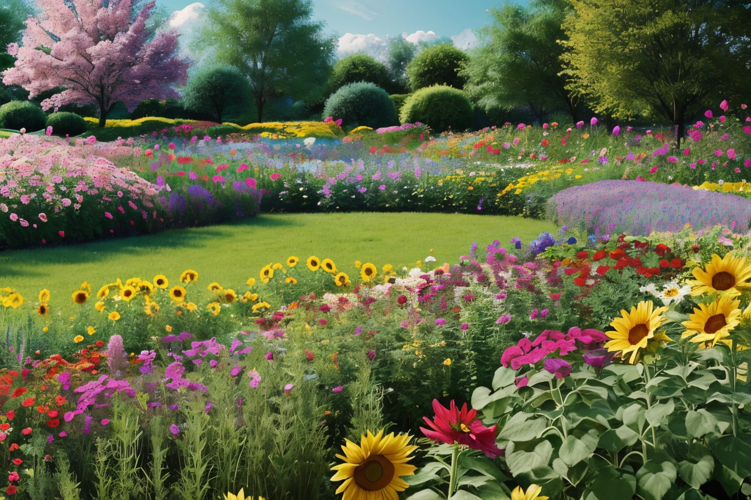 A vibrant and diverse flower garden, bursting with colors and textures. From delicate roses to bold sunflowers, this garden is a visual feast for the eyes. The AI platform will render this scene in a whimsical and dreamy style, with soft brushstrokes and pastel hues.